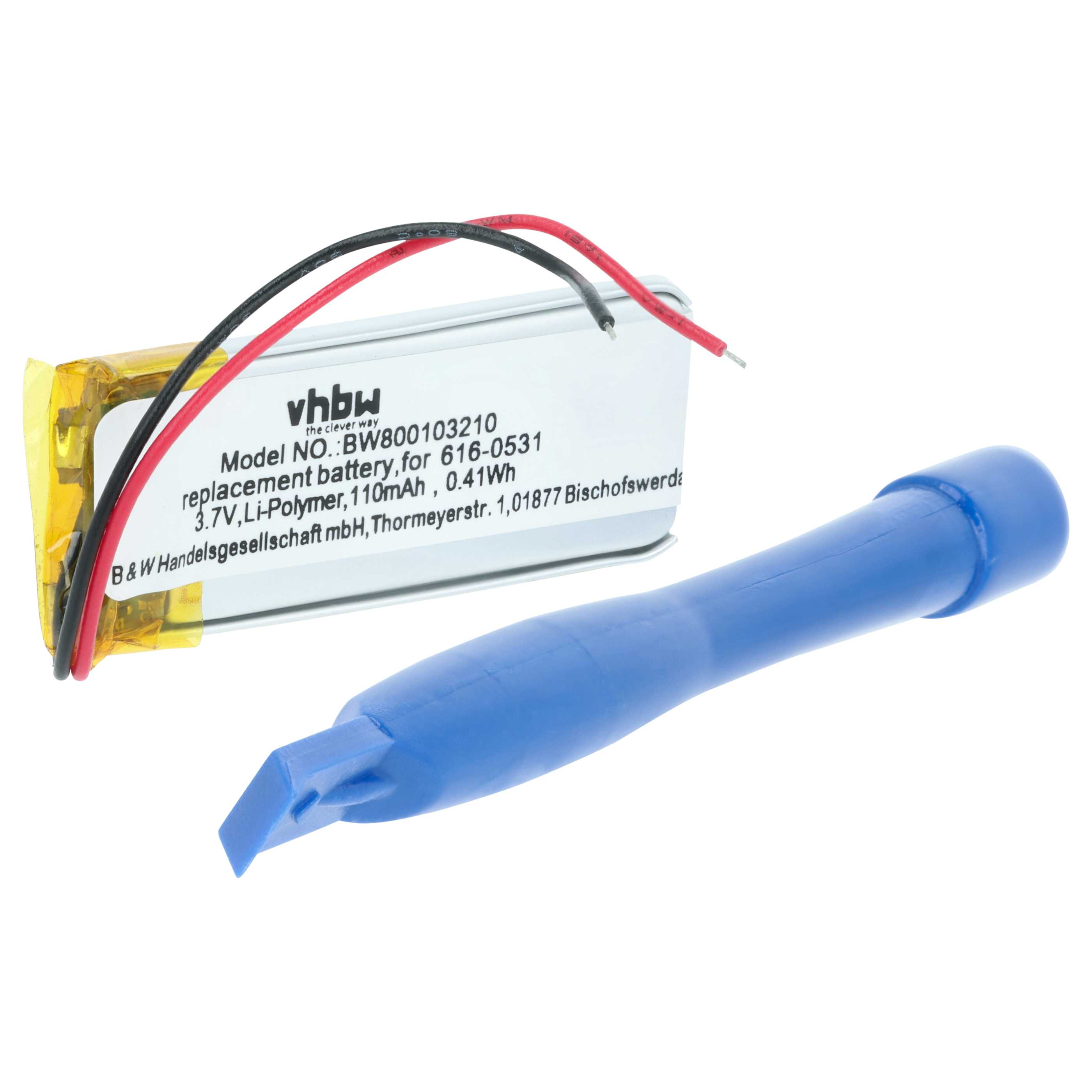 Ein Li-Polymer-Akku mit roten und schwarzen Kabeln und einem blauen Werkzeug.