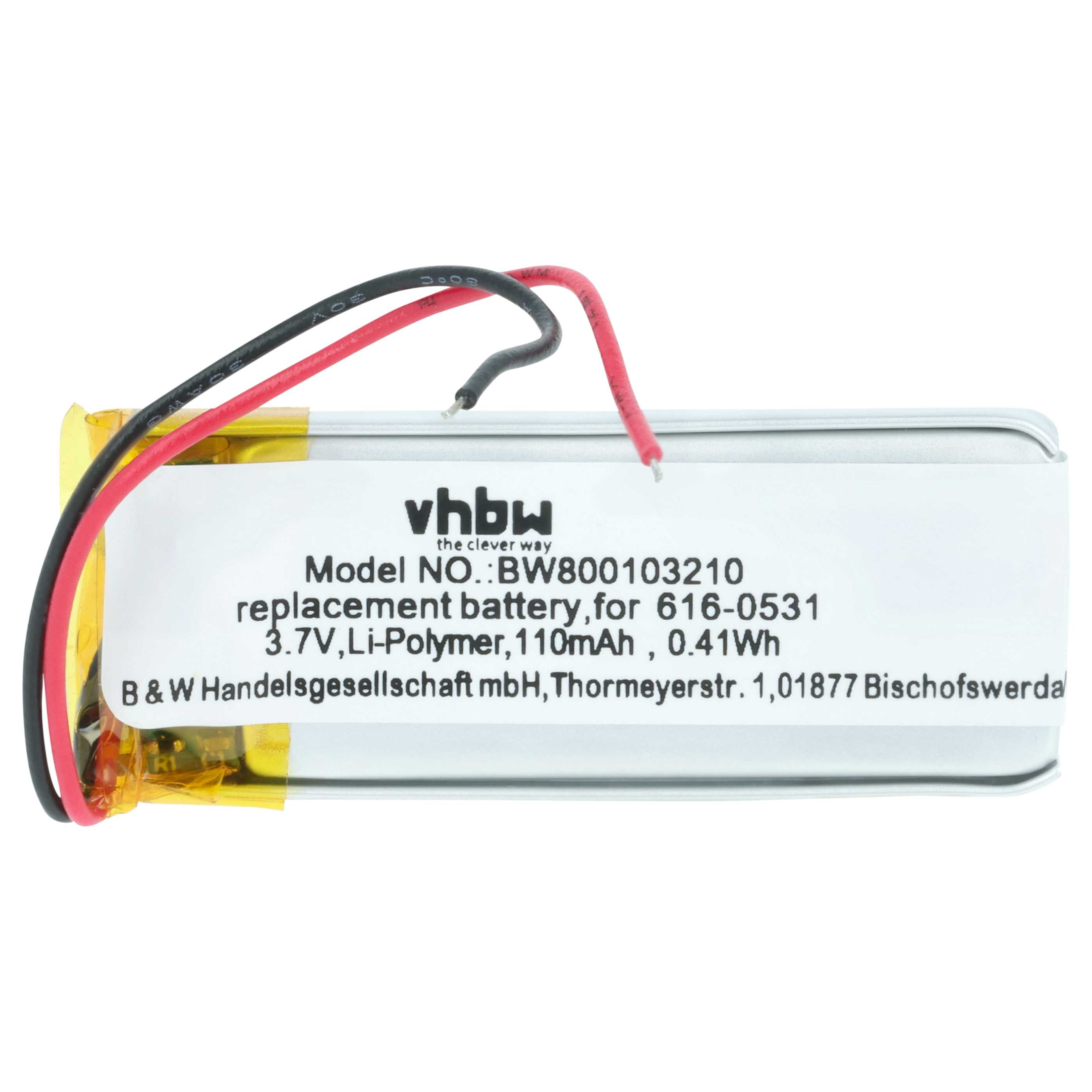 Kompakter Lithium-Polymer-Akku (3,7V, 110mAh) mit rotem und schwarzem Kabel.