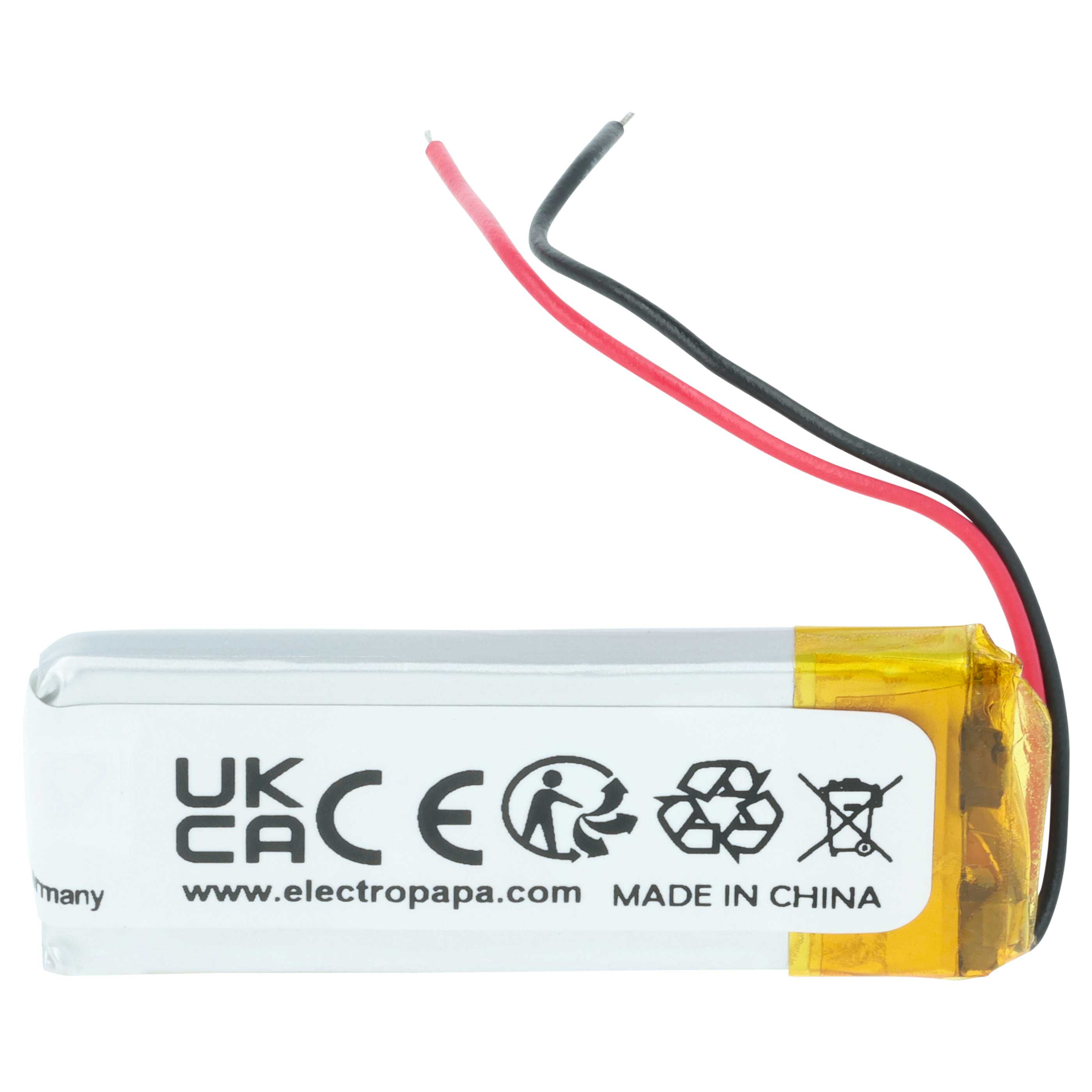 Eine weiße Batterie mit gelbem Klebeband und roten und schwarzen Drähten.