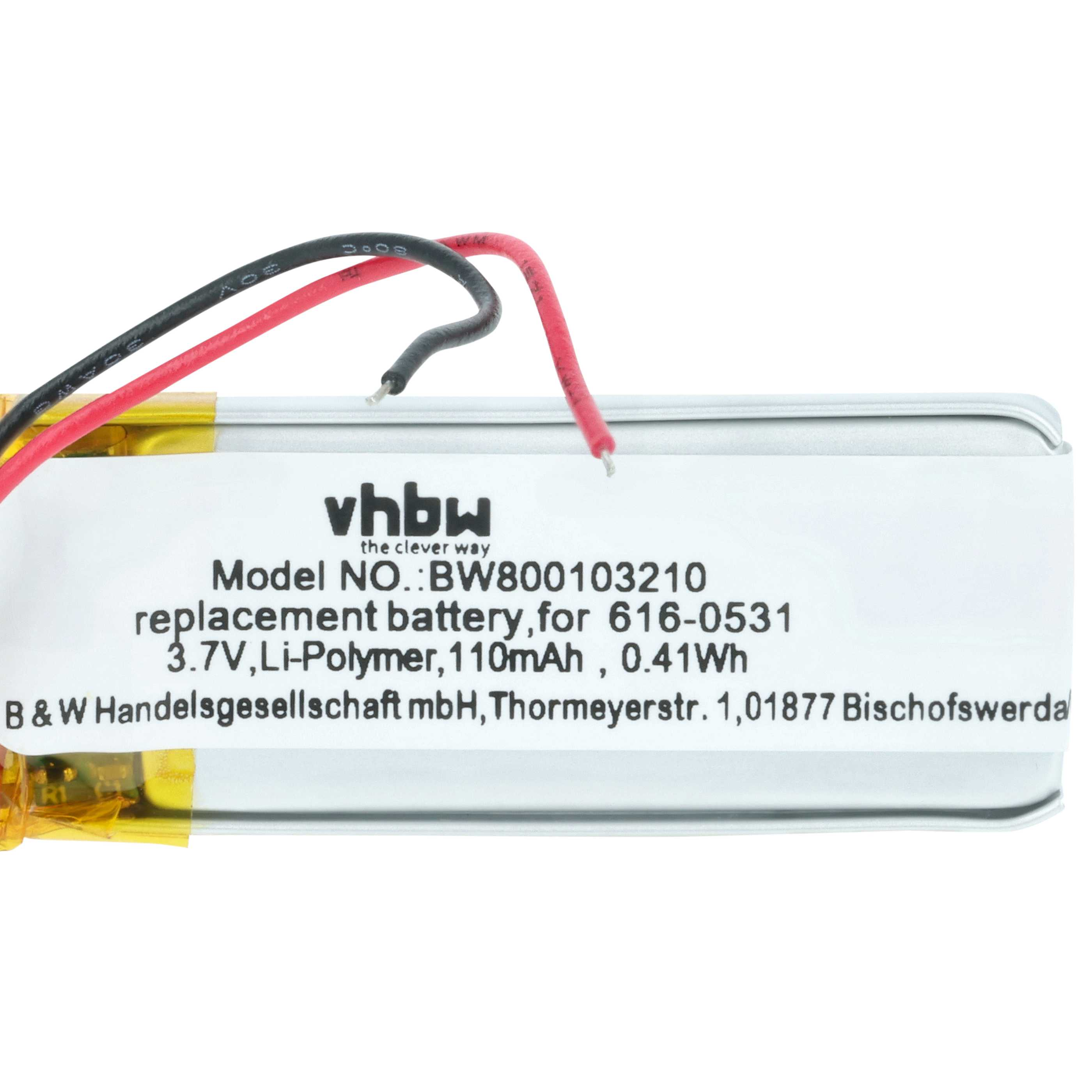Ein Li-Polymer Akku 3,7V 110mAh mit roten und schwarzen Kabeln.