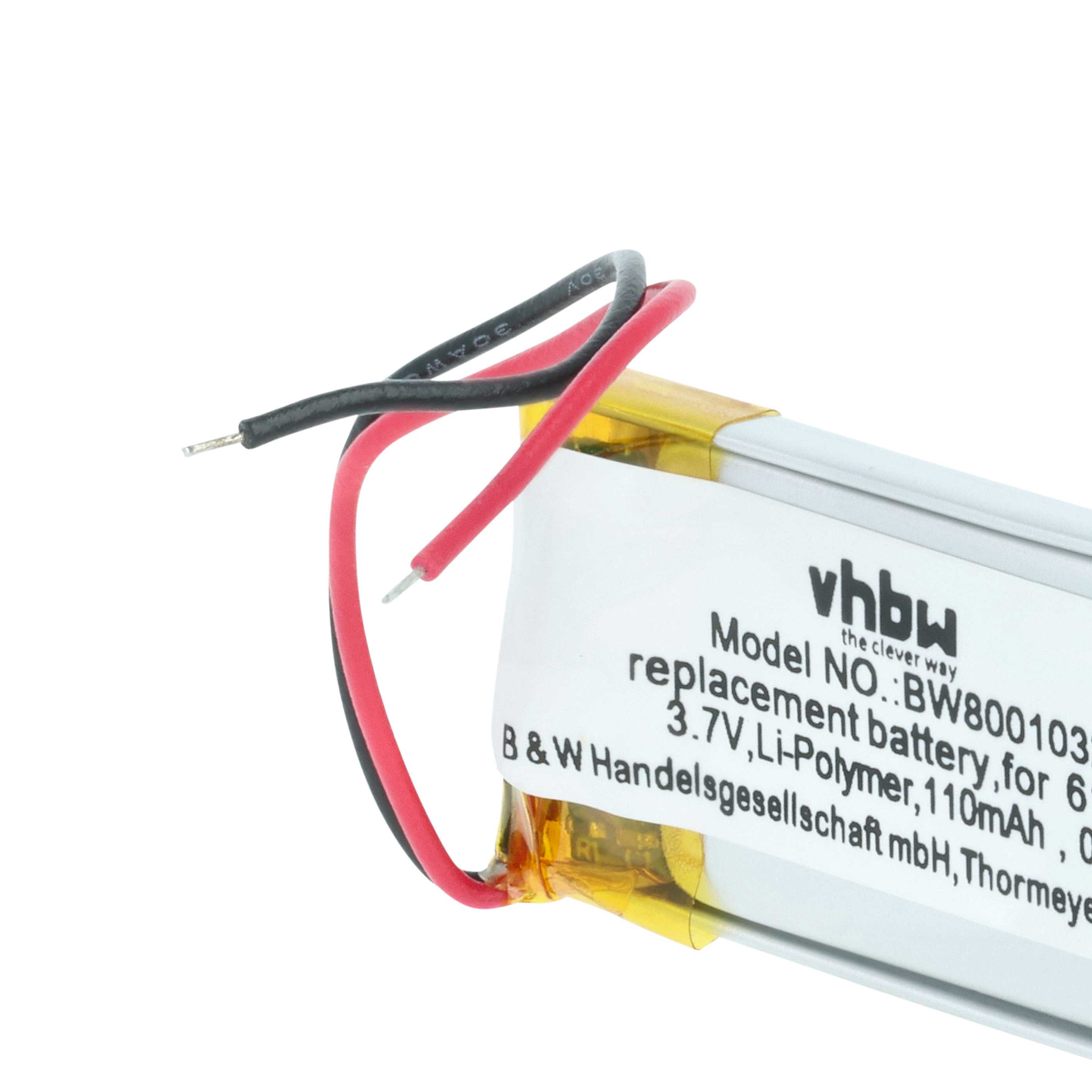 Ein vhbw Li-Polymer-Akku mit rotem und schwarzem Kabel auf weißem Hintergrund.