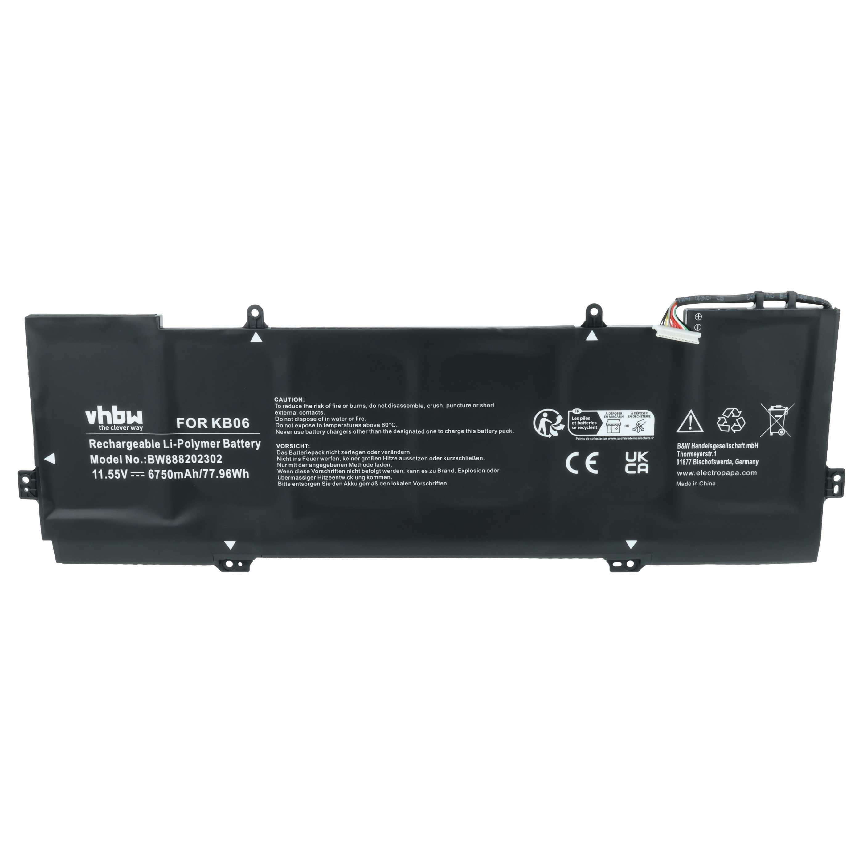 Schwarzer Li-Polymer Akku für KB06, 11.55V 6750mAh, mit Warnhinweisen.