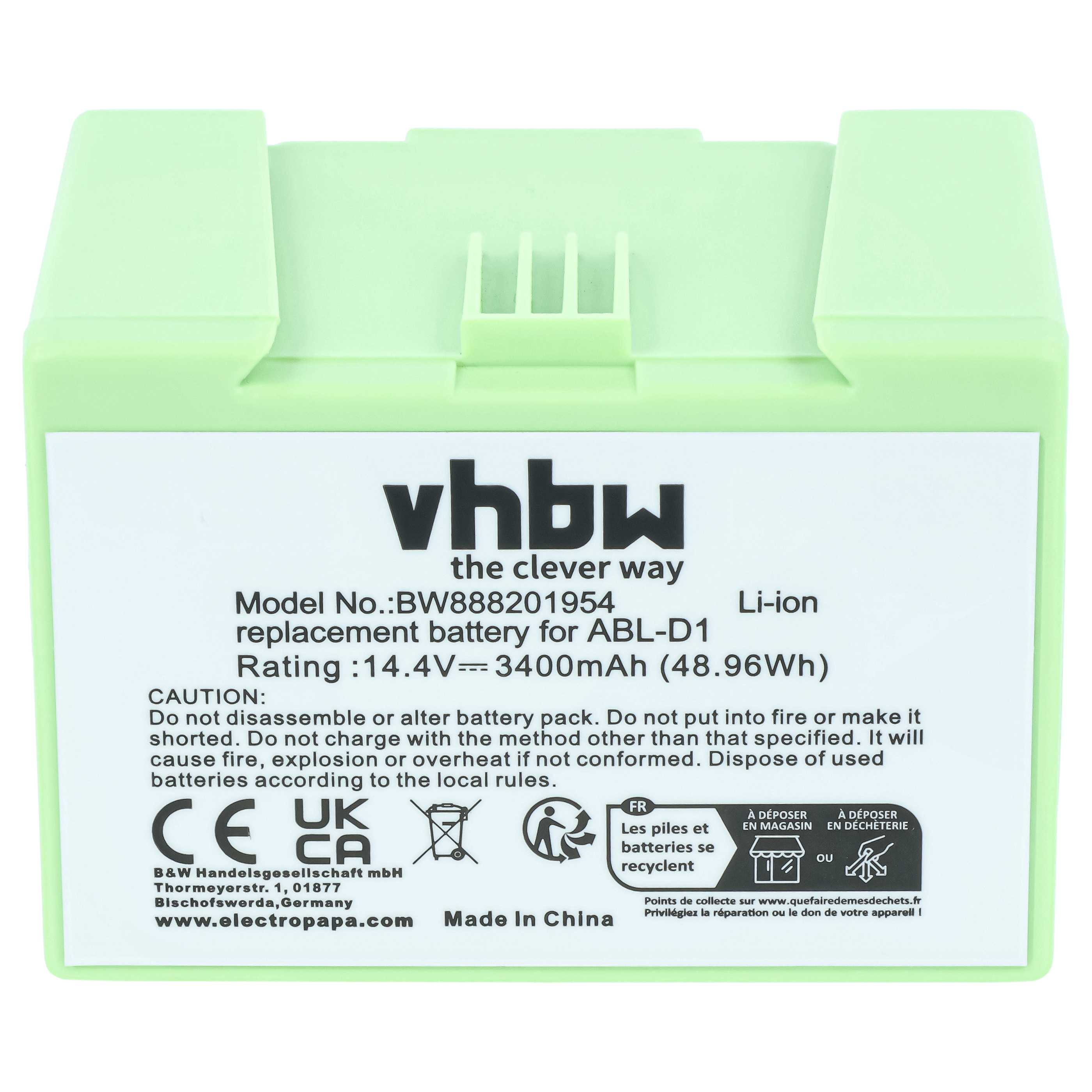 Grüne Li-Ion Ersatzbatterie mit Modellnummer BW888201954. Enthält Warnhinweise.