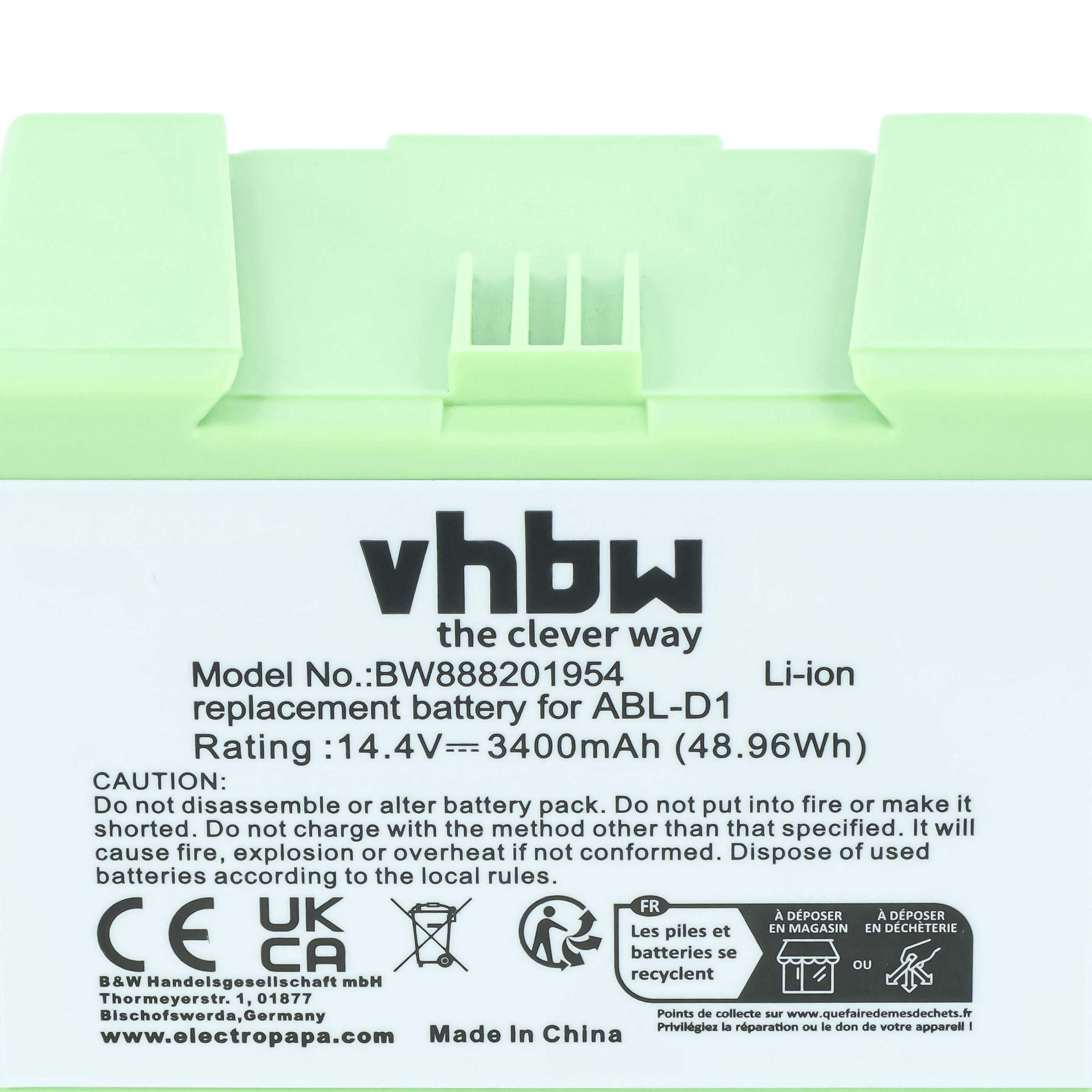 Vorderansicht einer Li-Ion-Batterieverpackung mit Modell- und Bewertungsinformationen.