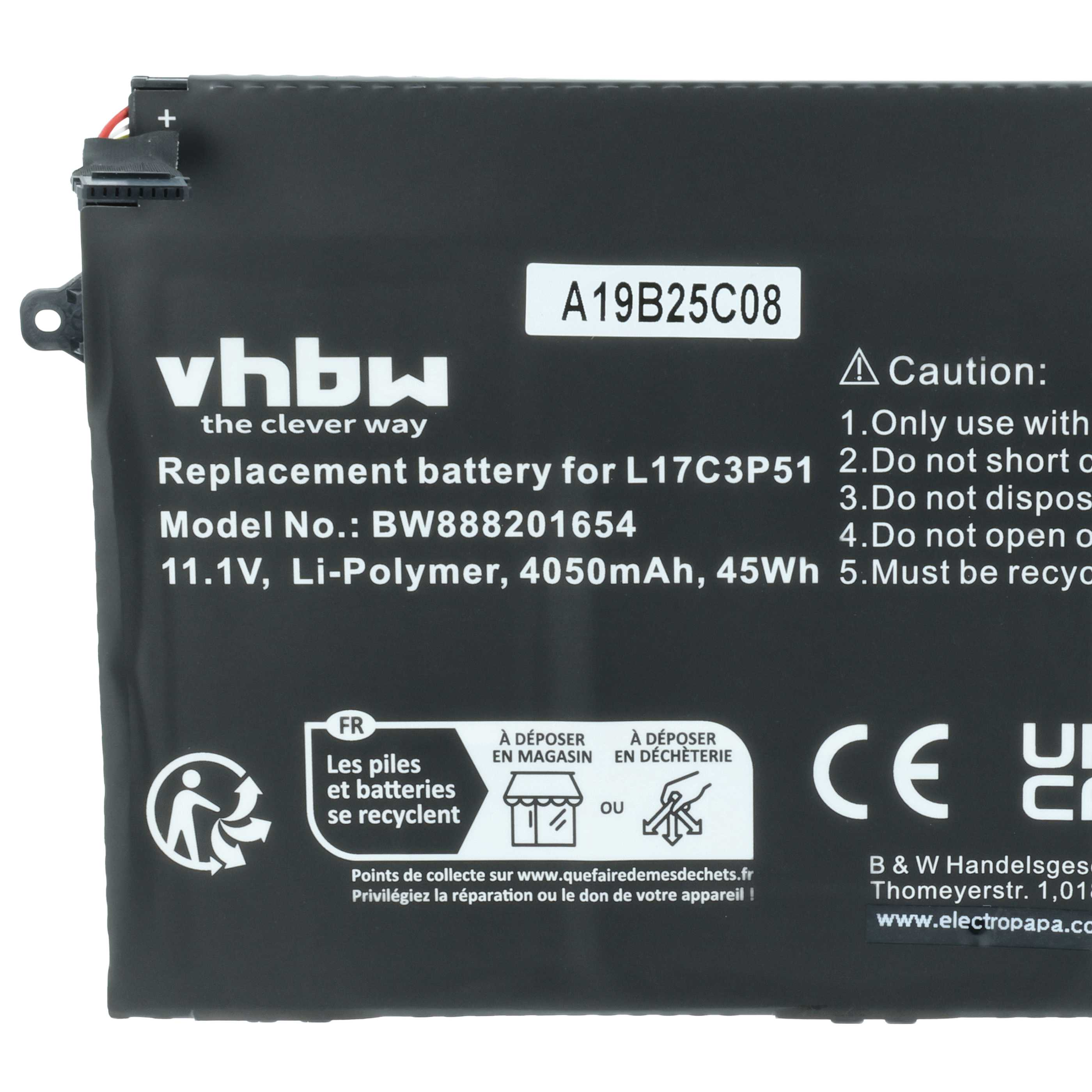 Schwarzer Laptop-Akku mit Aufdrucken: vhbw, Modell Nr. BW888201654, 11.1V Li-Polymer.