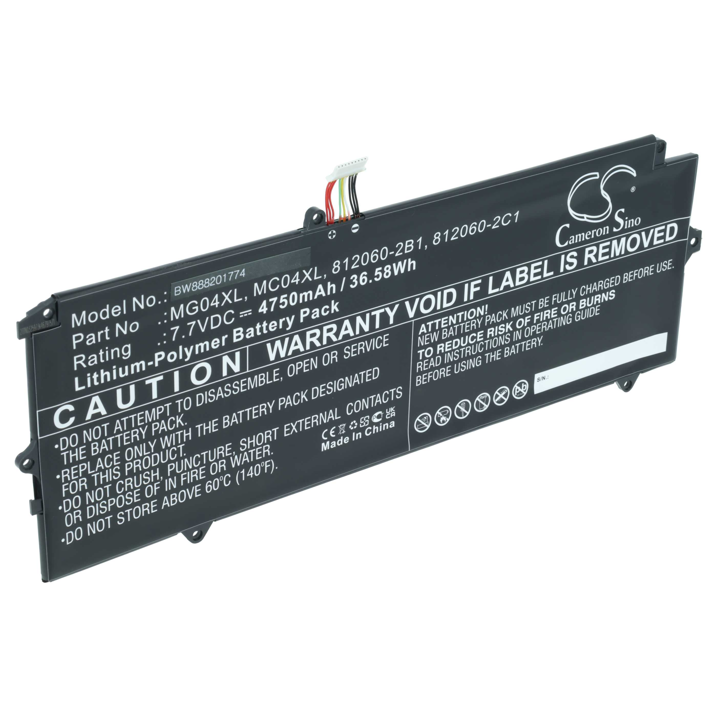 Schwarzer Laptop-Akku mit Warnhinweisen und Anschlusskabel.