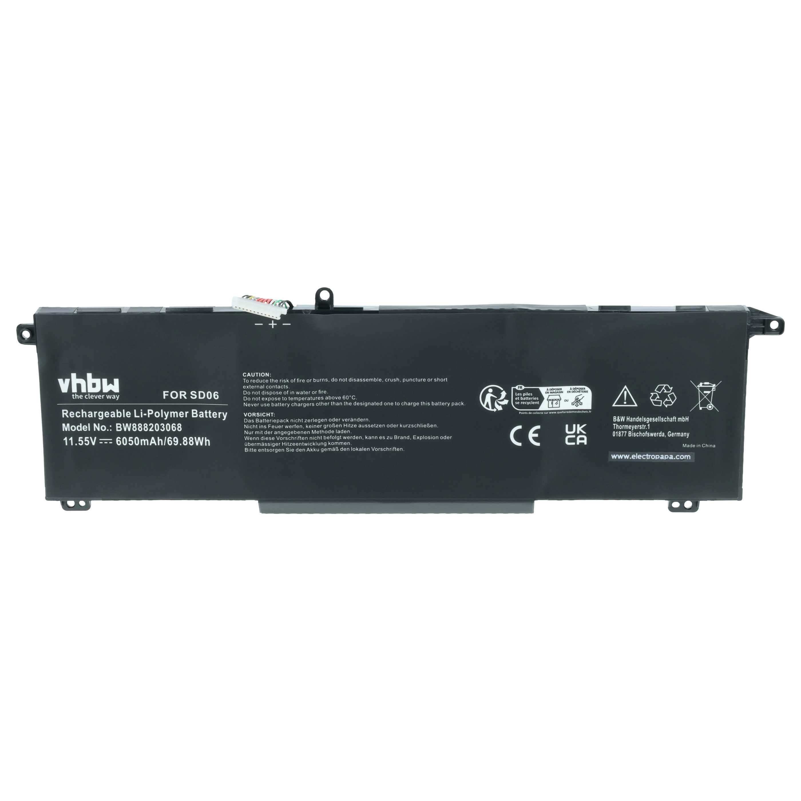 Schwarzer Li-Polymer Akku mit vhbw Logo, für SD06, 11.55V, 6050mAh.