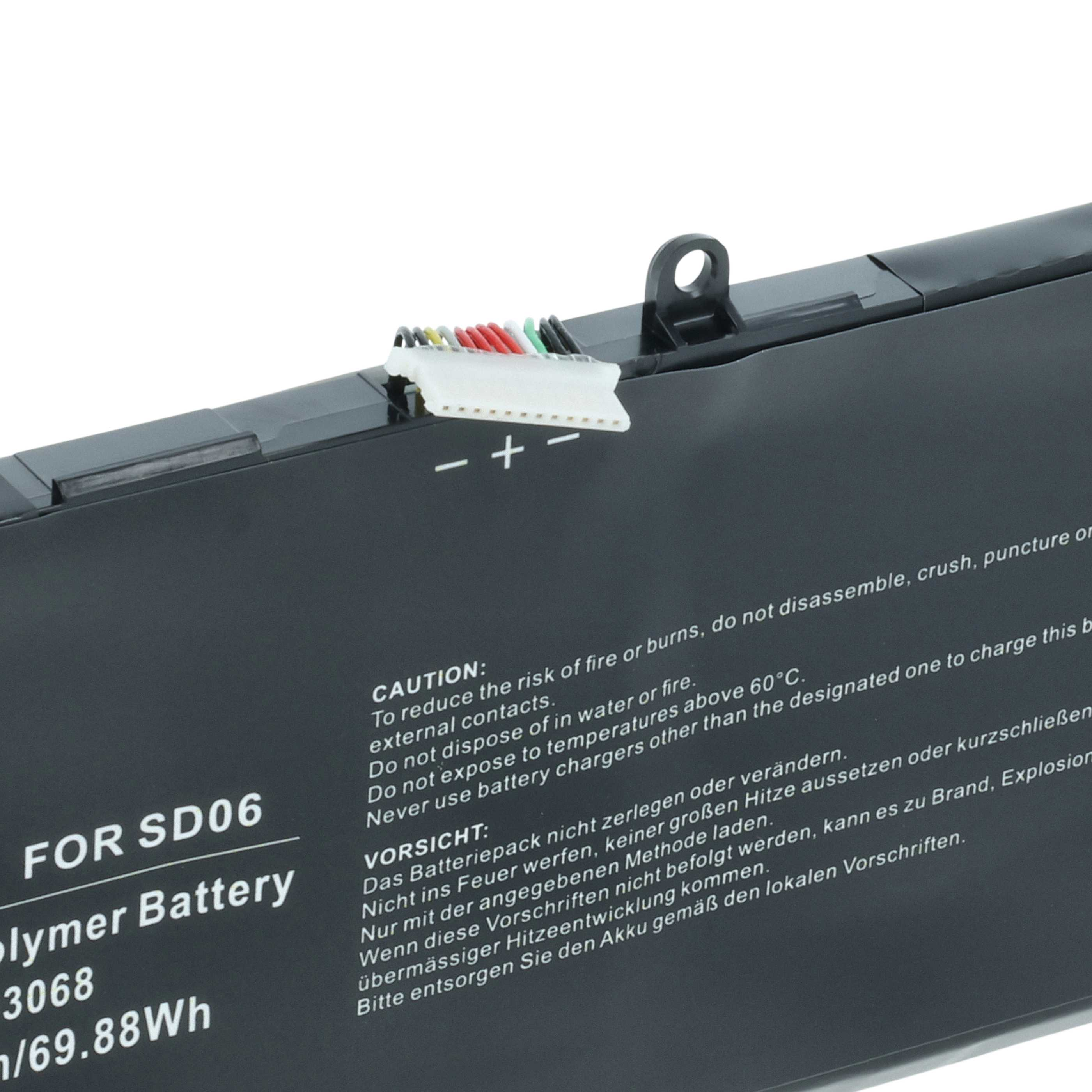Schwarzer Polymerakku für SD06 mit Anschlusskabel und Warnhinweisen.