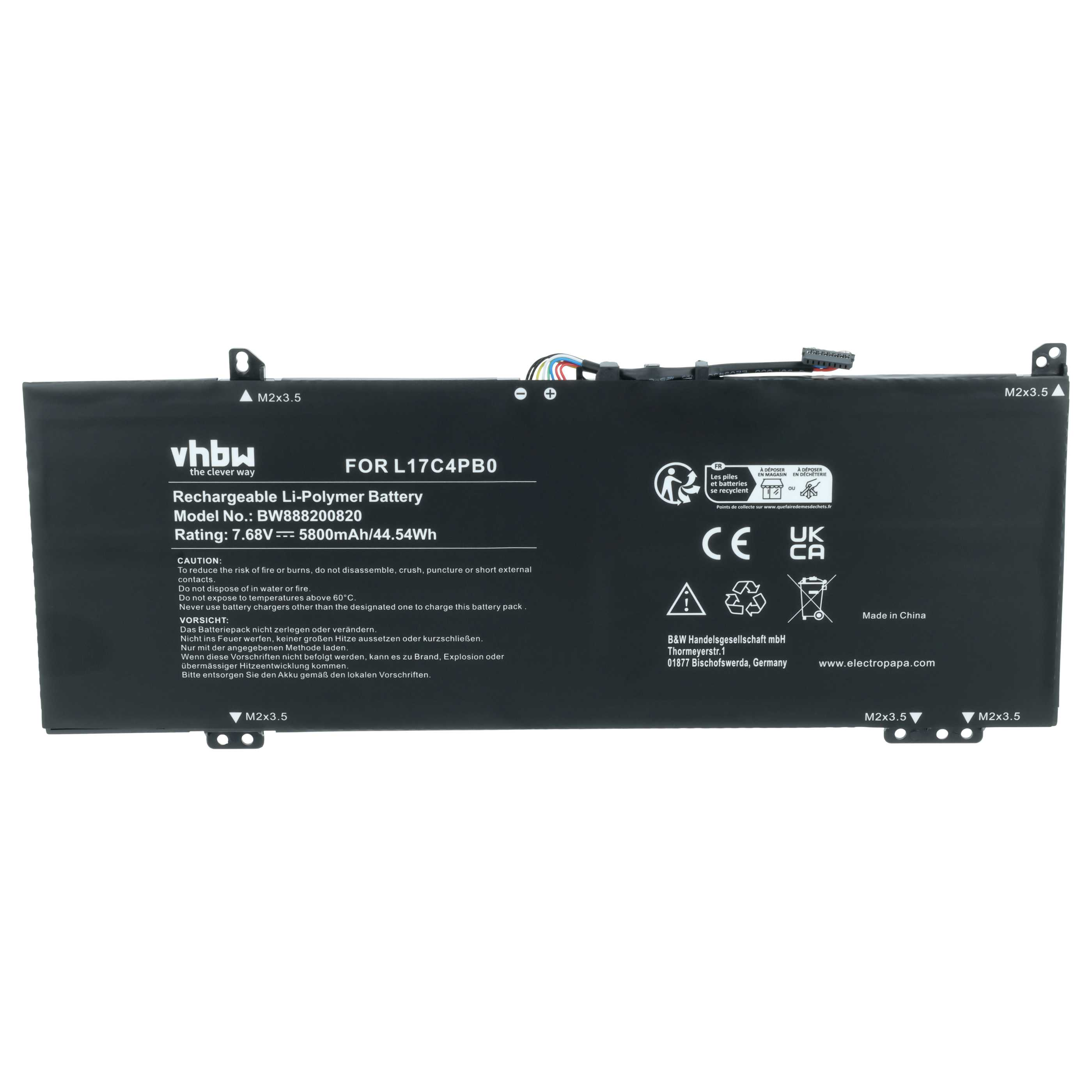 Schwarzer Li-Polymer-Akku für L17C4PB0 mit technischen Daten und Warnhinweisen.