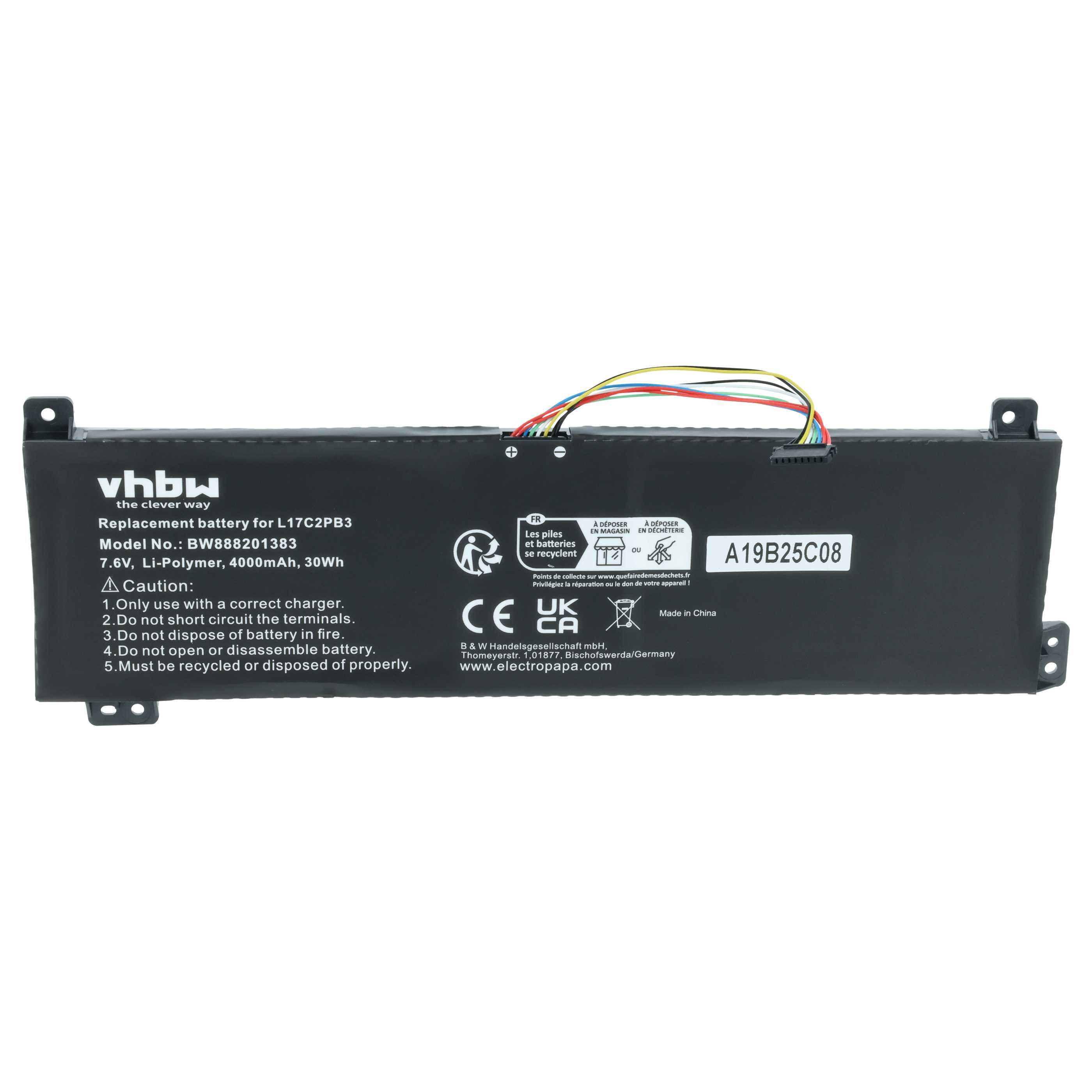Schwarzer Laptop-Akku mit Kabeln und Kennzeichnungen. Modell L17C2PB3, 7.6V.