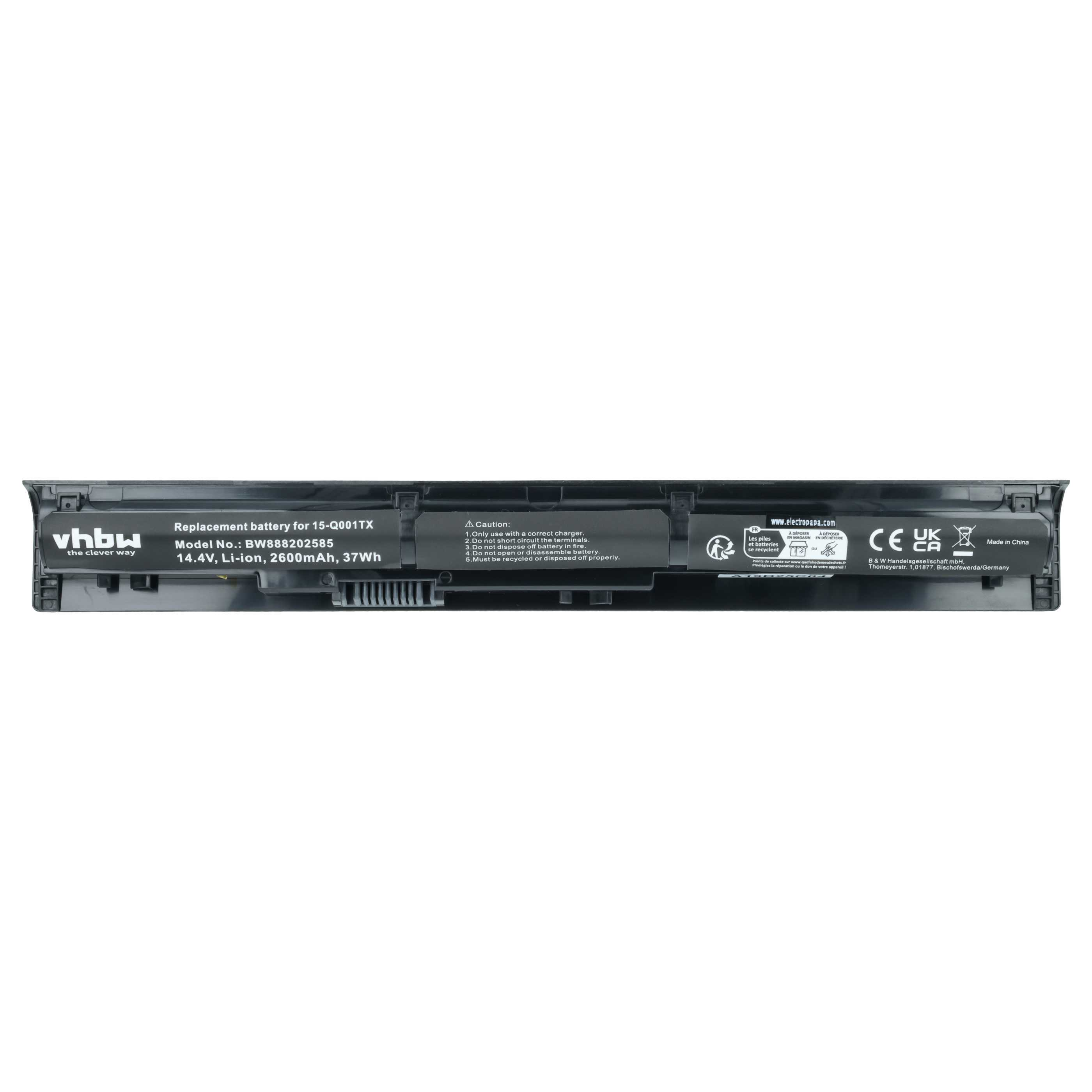 Ein schwarzer Laptop-Akku mit Beschriftungen wie vhbw, Modellnummer und Warnhinweisen.
