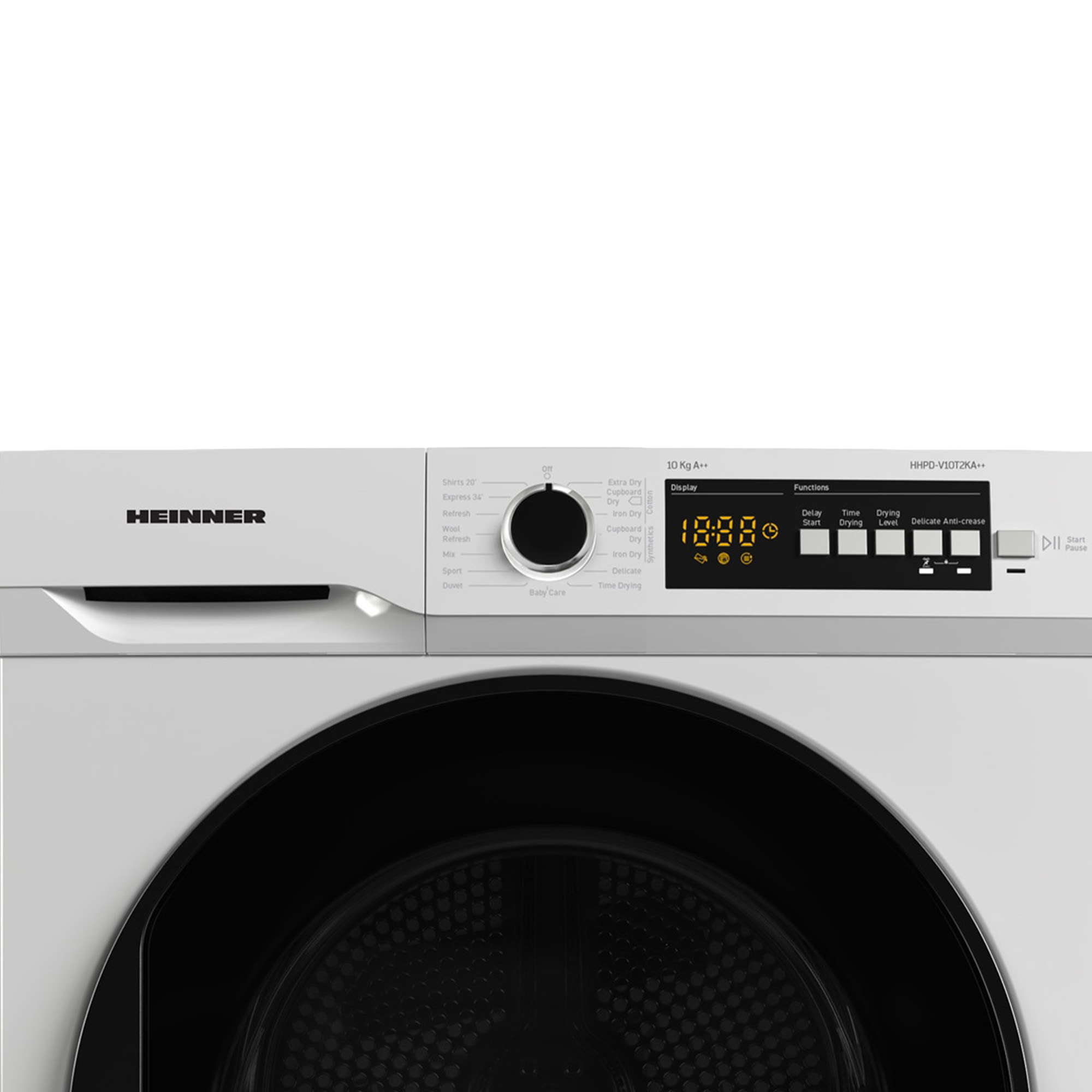 Eine weiße Waschmaschine mit schwarzer Tür und einem Bedienfeld mit Display.