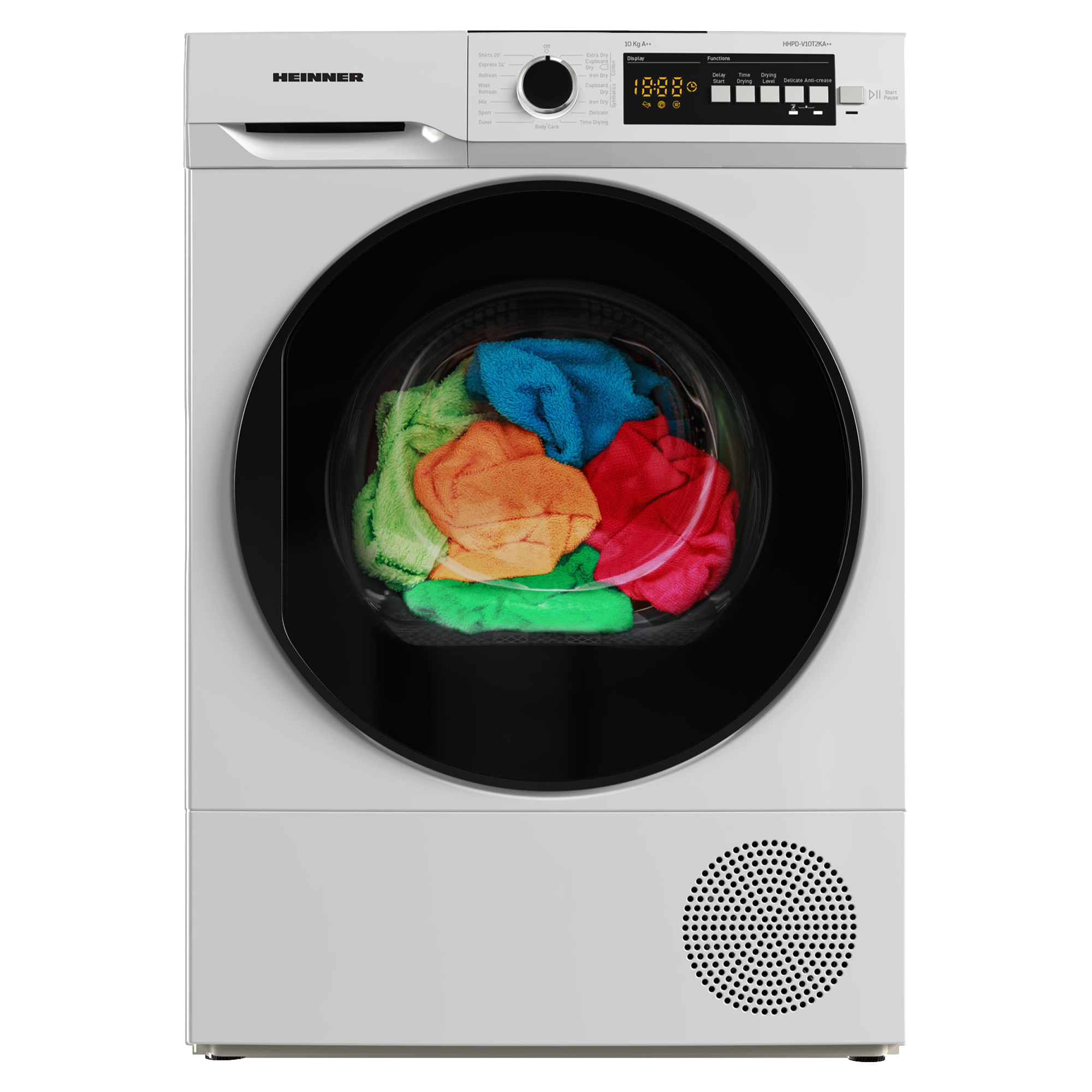 Eine weiße Wäschetrocknermaschine mit einer offenen Tür, die bunte Handtücher enthält.