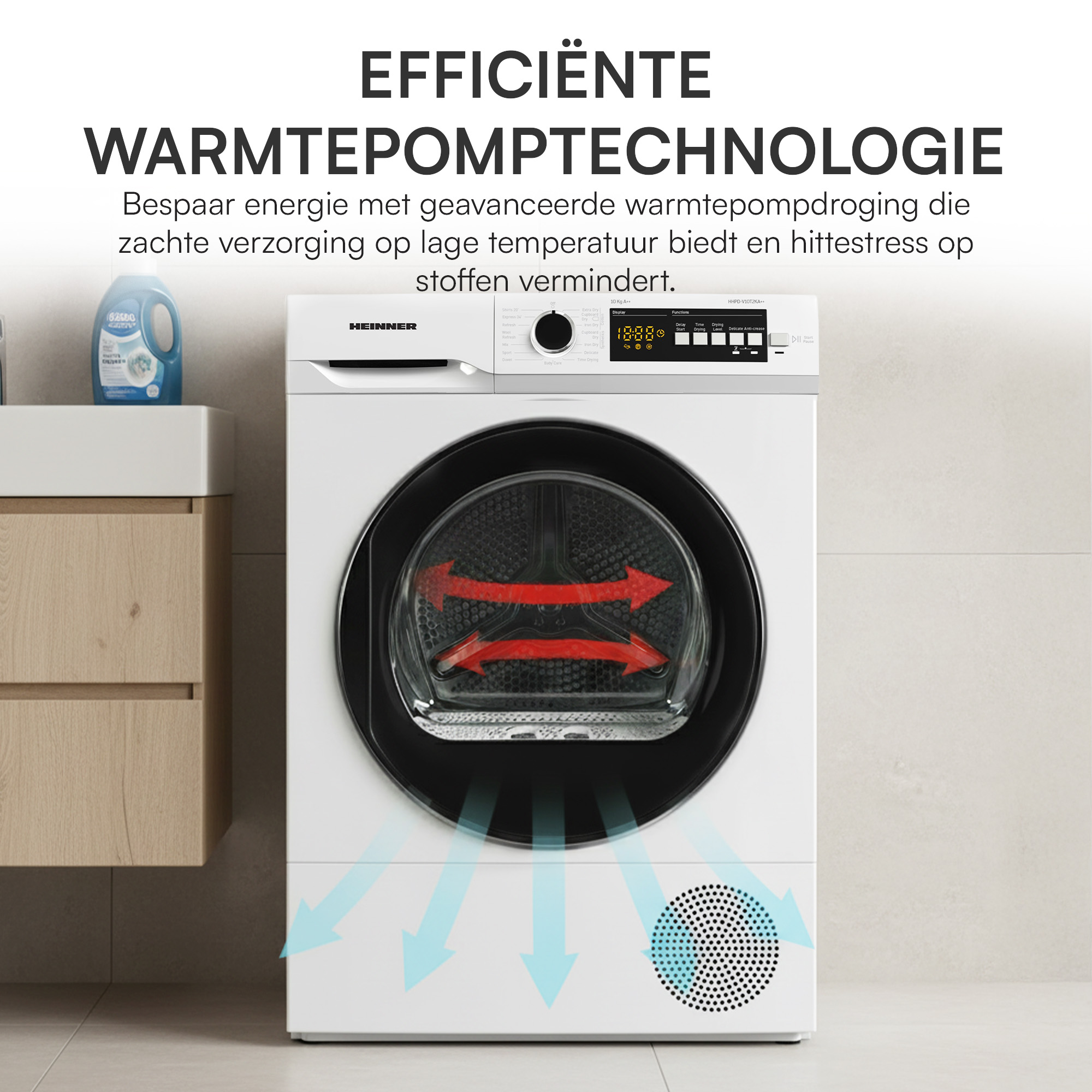 Een witte warmtepompdroger die blauwe lucht uitstoot aan de onderkant.