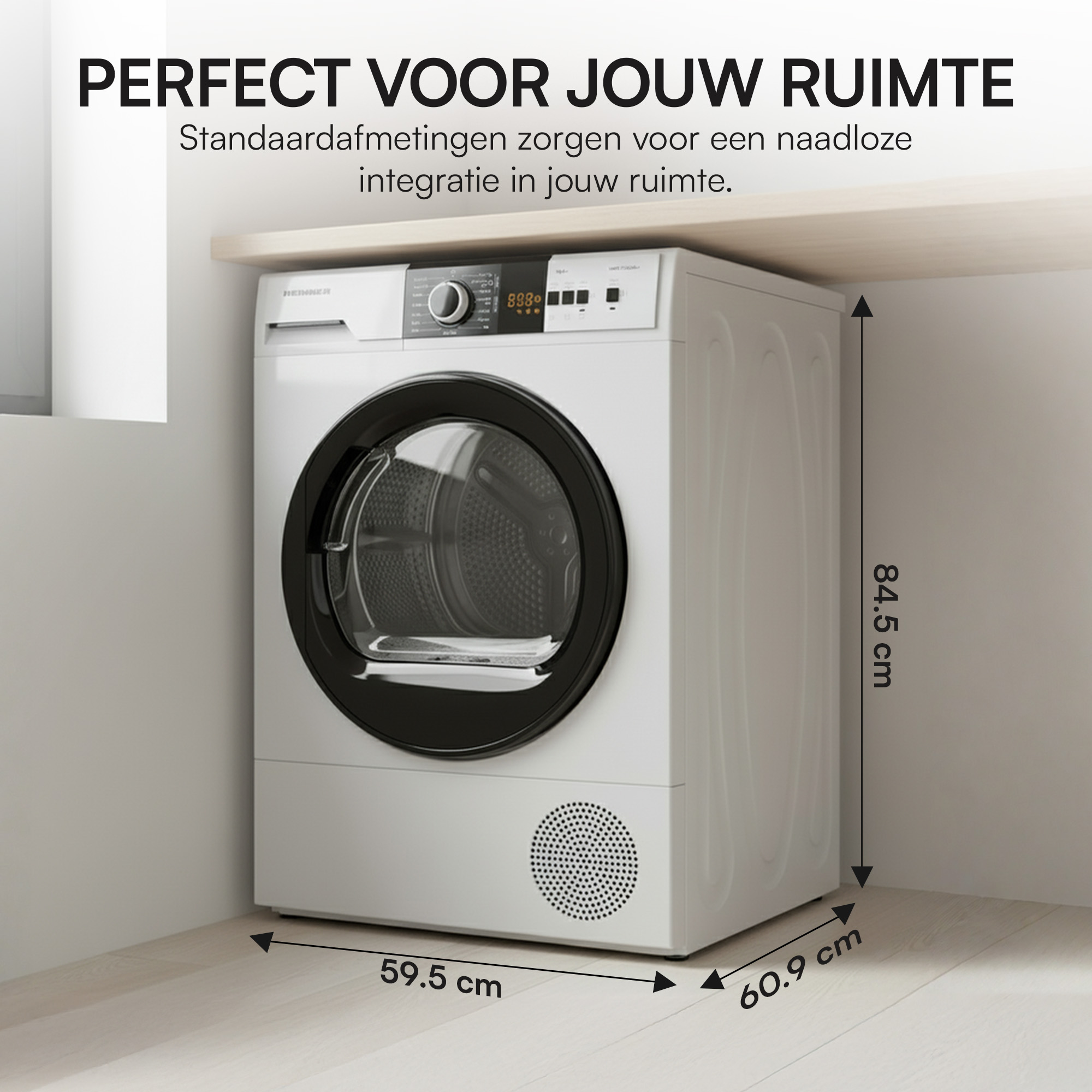 Witte wasmachine met zwart deur en display. Afmetingen: 84,5x59,5x60,9 cm.