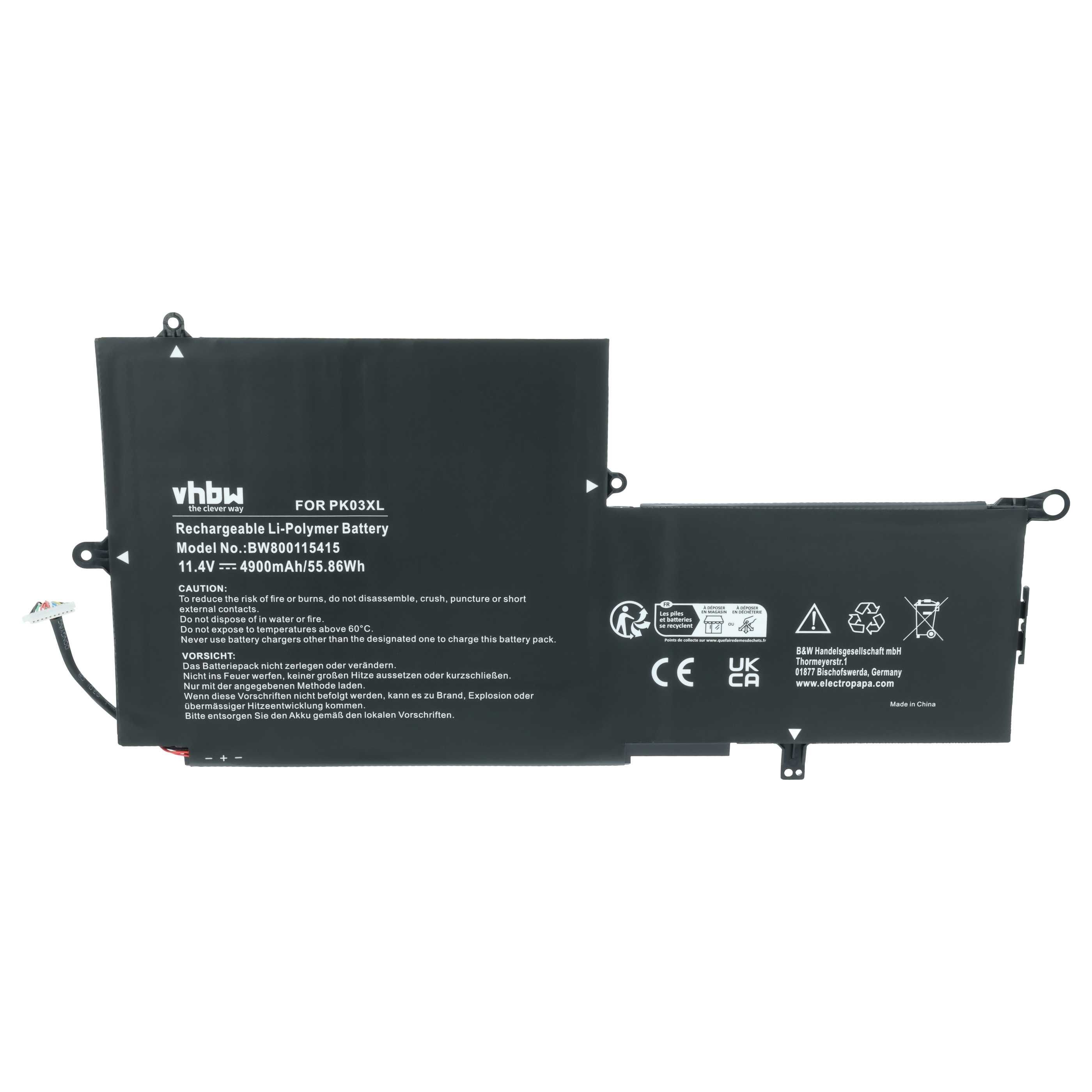Ein schwarzer Laptop-Akku mit Beschriftungen, Warnsymbolen und Anschlüssen.