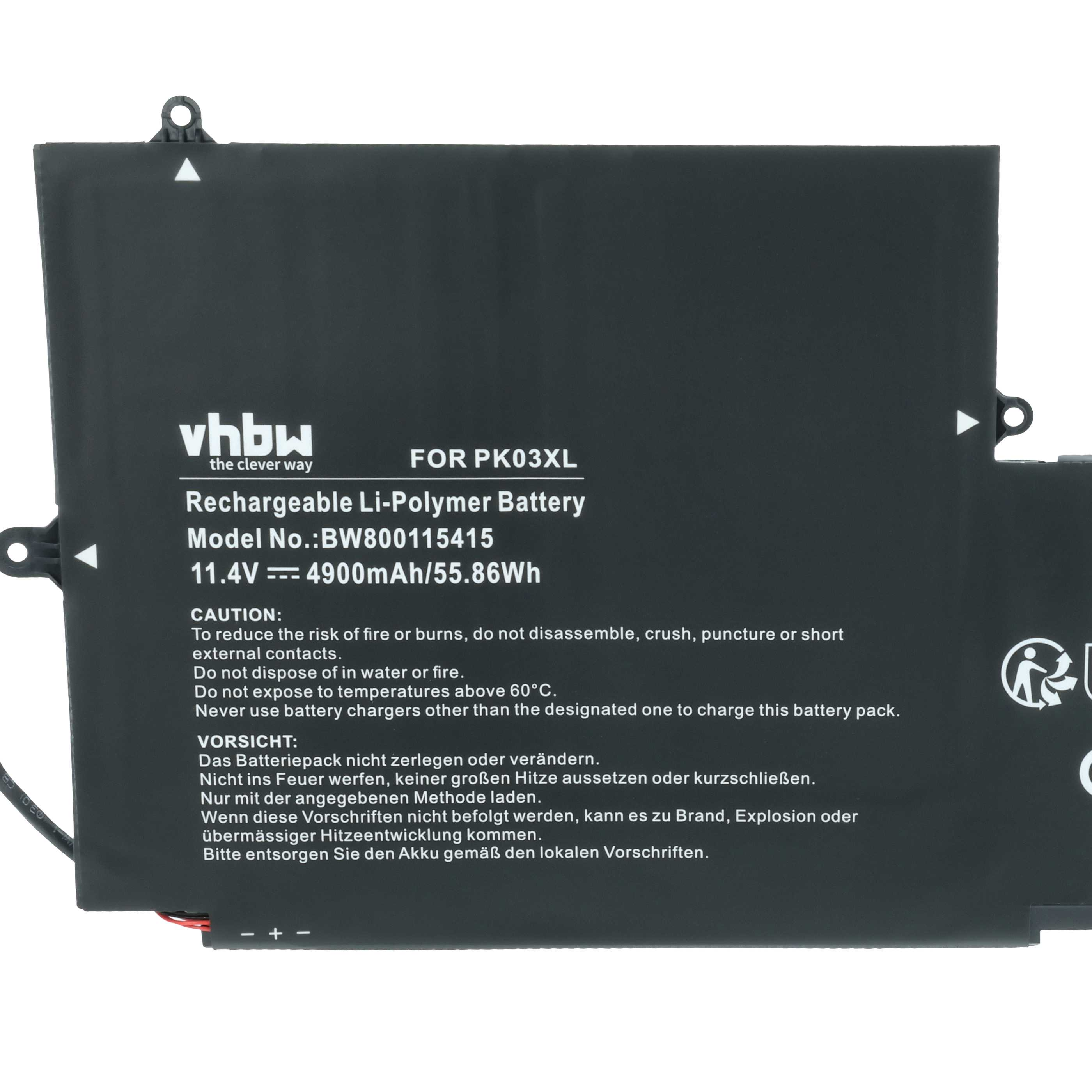 Schwarzer Li-Polymer-Akku mit Aufschriften: vhbw, FOR PK03XL, 11.4V 4900mAh.