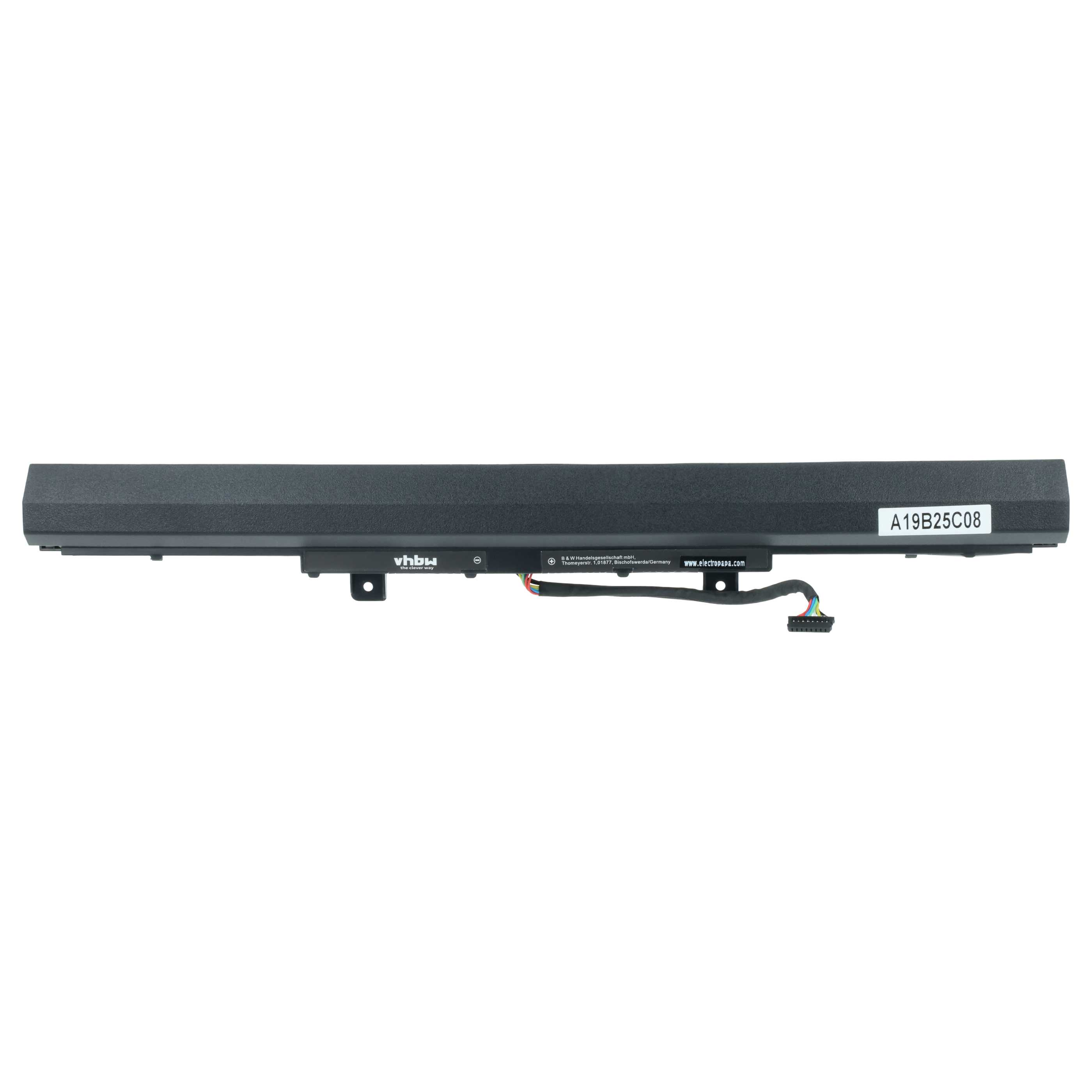Schwarzer Laptop-Akku mit Kabel und Stecker, Modell A19B25C08.