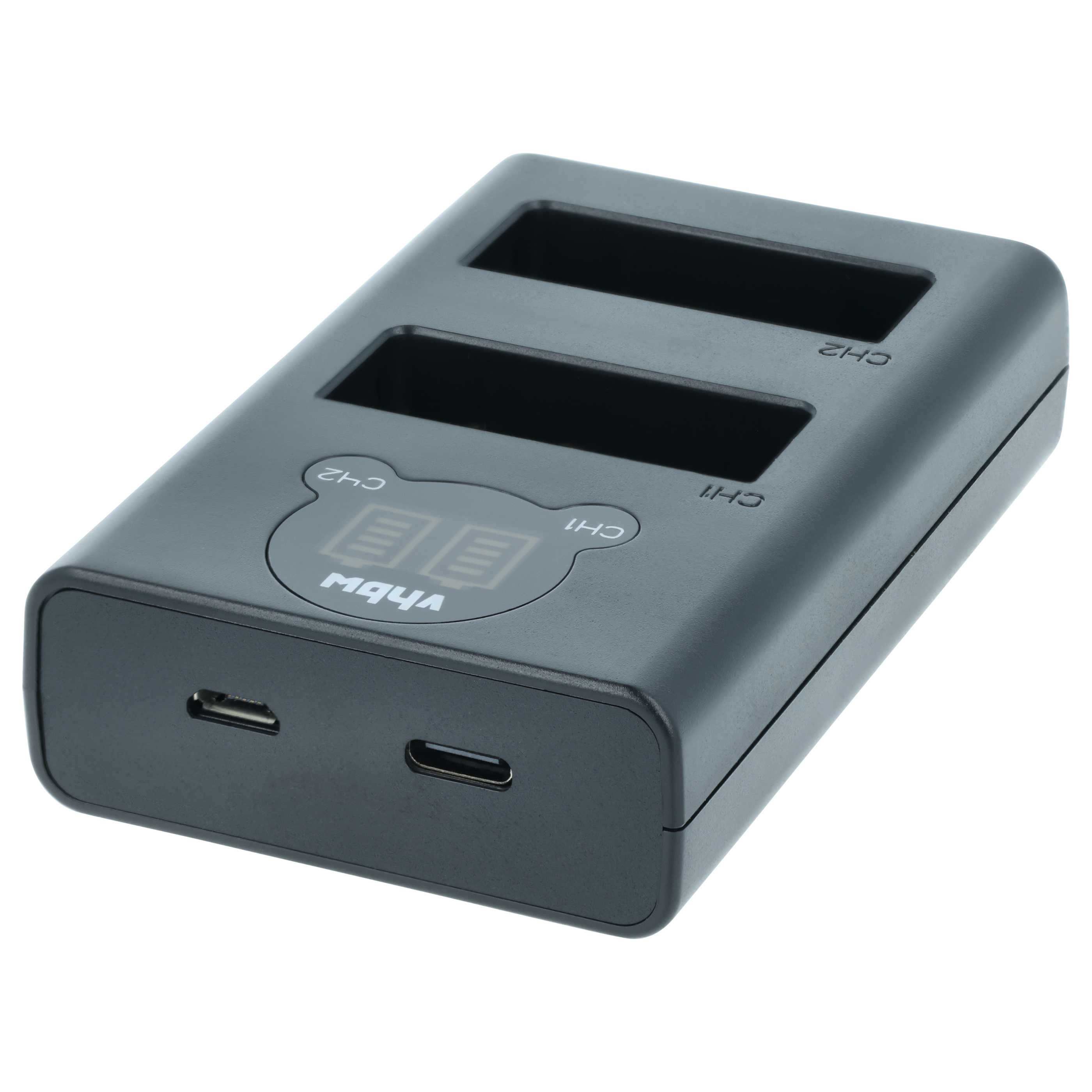 Ein schwarzes Ladegerät mit zwei Steckplätzen und USB-C-Anschlüssen.