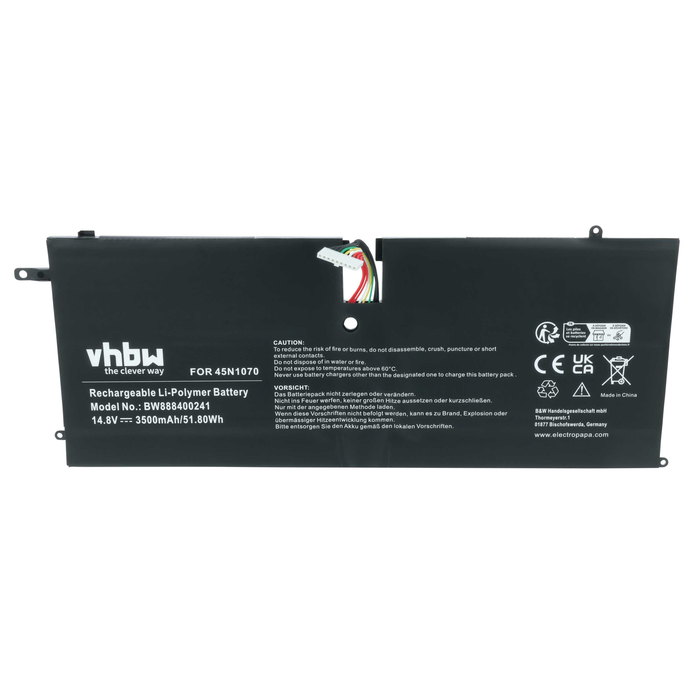 Batteria nera Li-Polimero con cavi, avvisi e loghi.