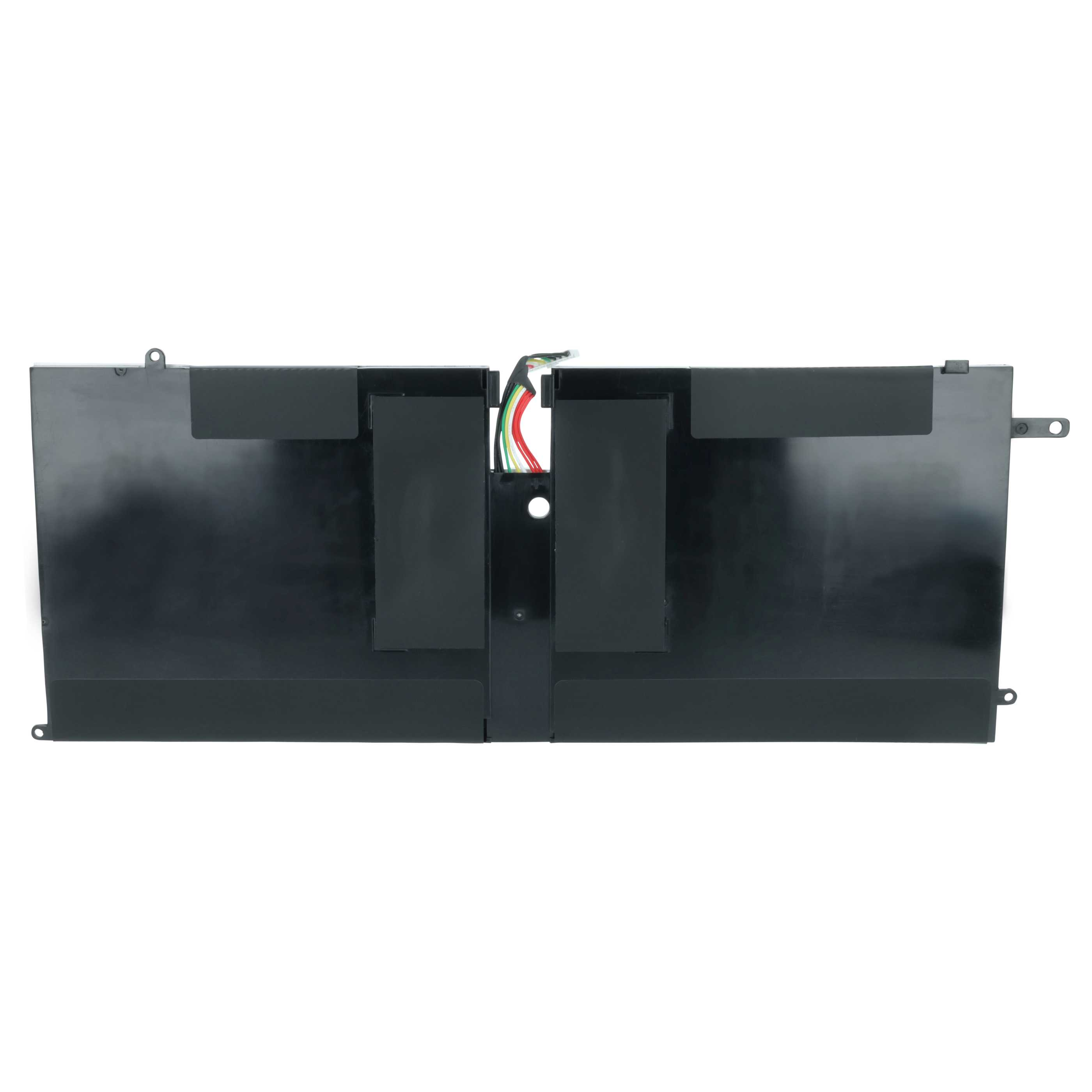 Batteria piatta nera per laptop con fili, forma rettangolare.