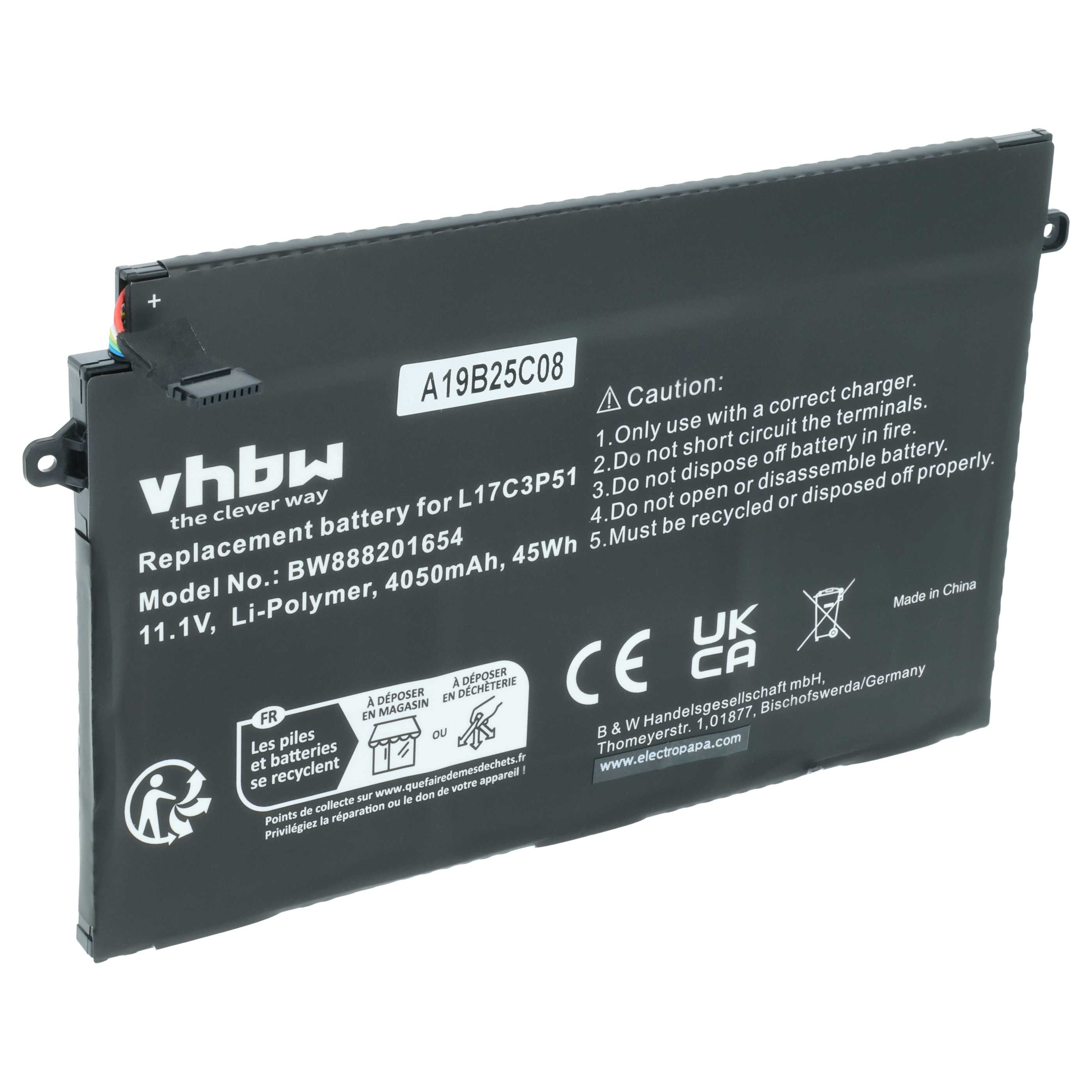 Schwarzer Li-Polymer Akku mit Modellnummer A19B25C08 und 11.1V, 4050mAh.