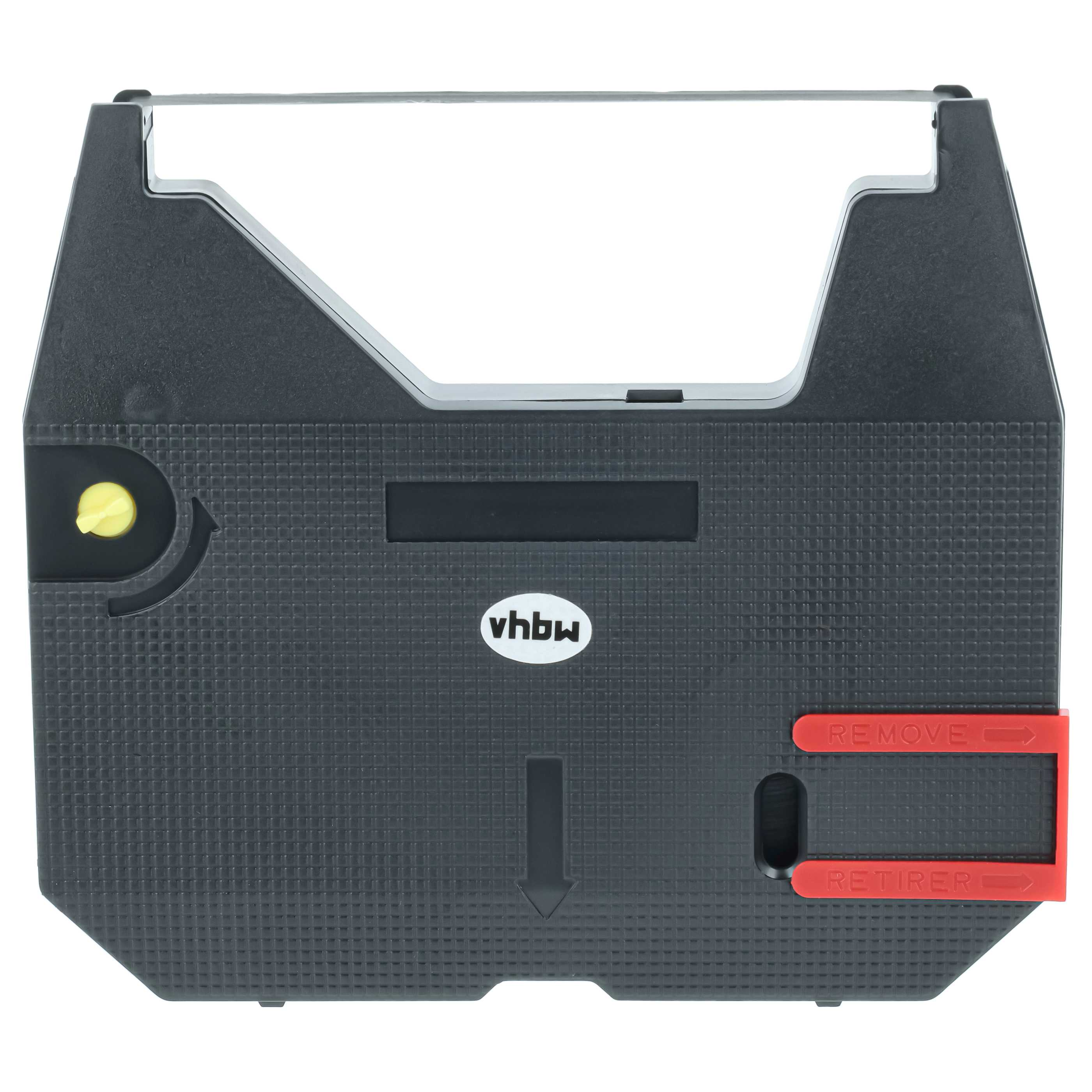 Schwarzes Farbbandkassette mit rotem Hebel und „vhbw“-Logo.