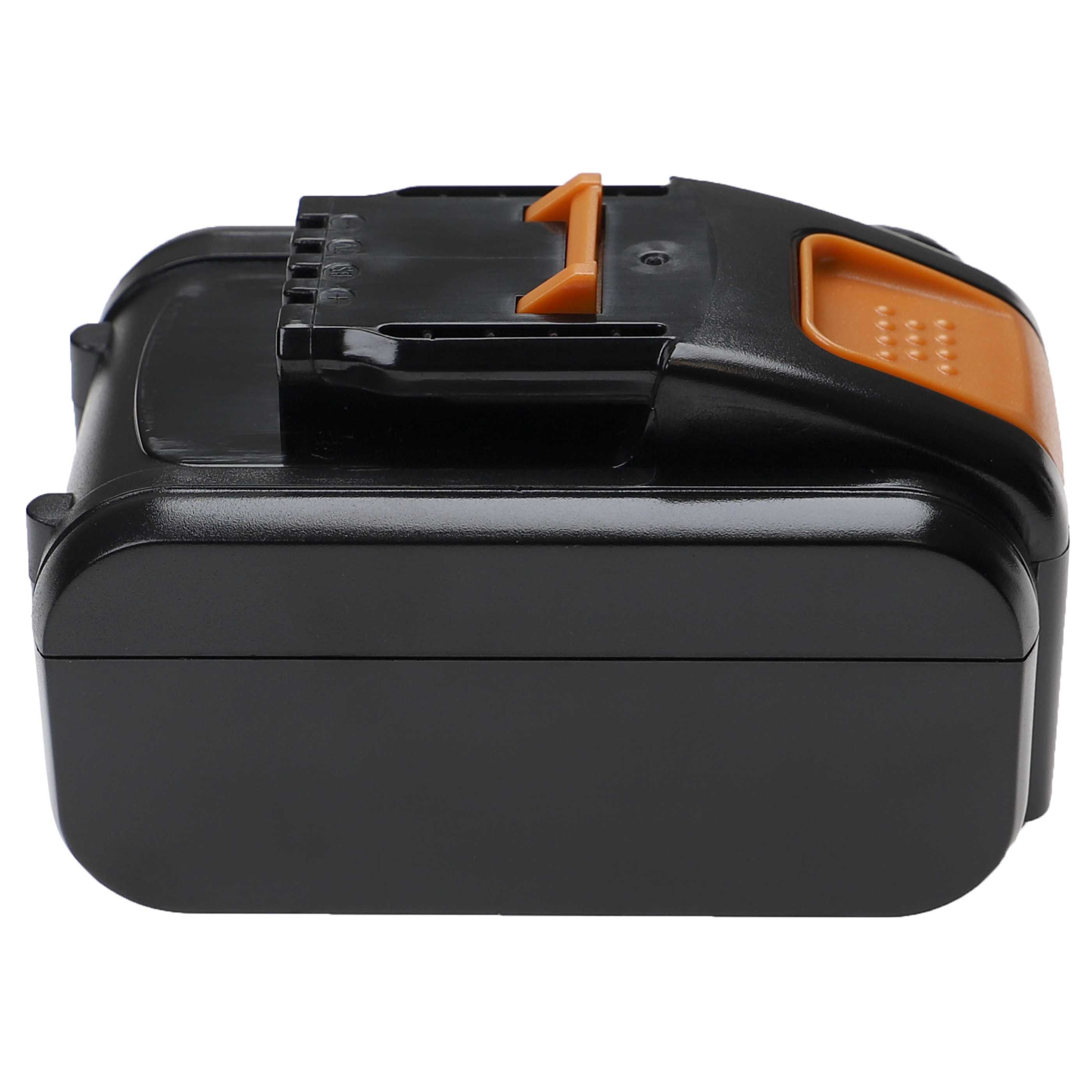 Ein schwarzer Akku mit orangefarbenen Akzenten und einem Entriegelungshebel.