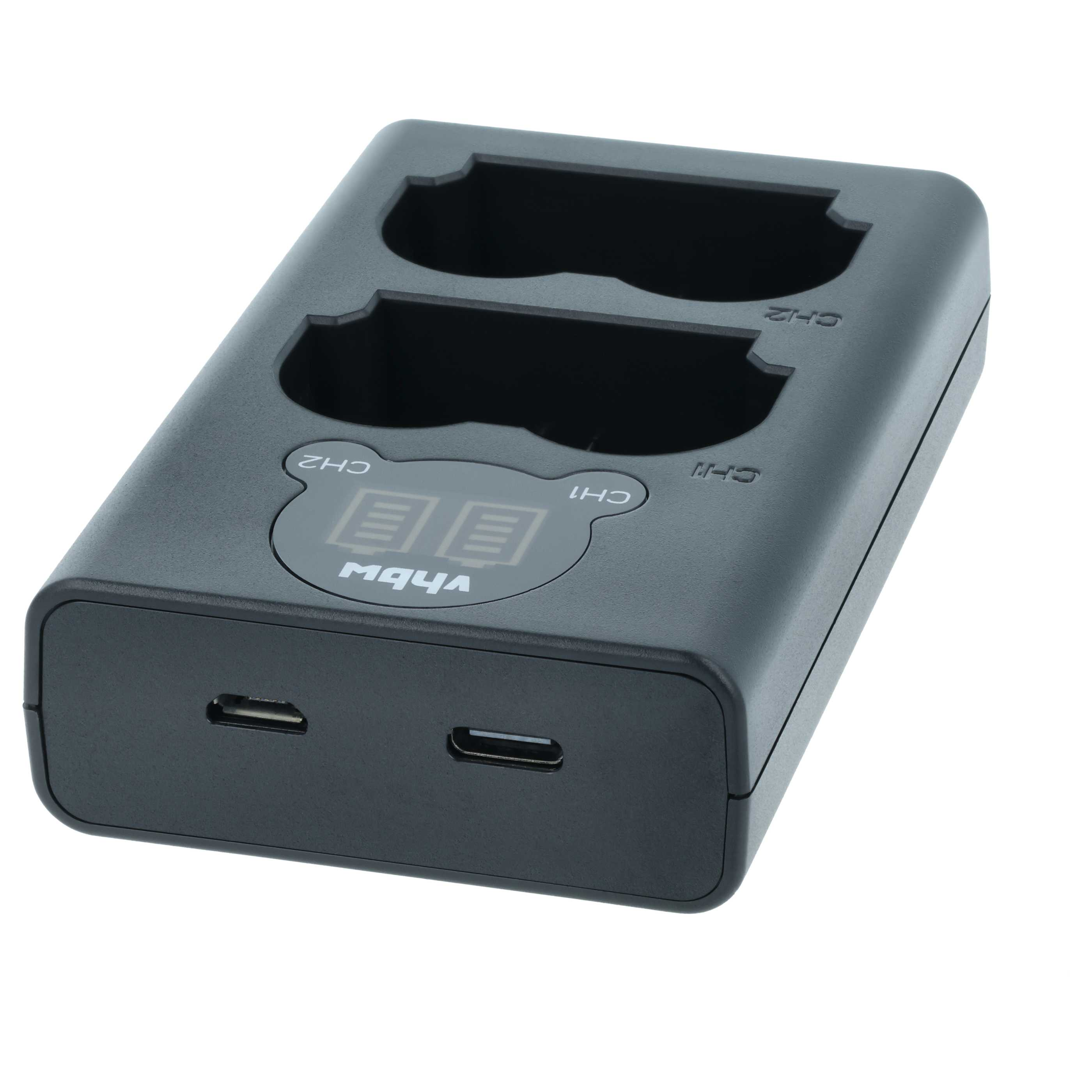 Schwarzes Ladegerät mit zwei Schächten und USB-C-Anschlüssen.