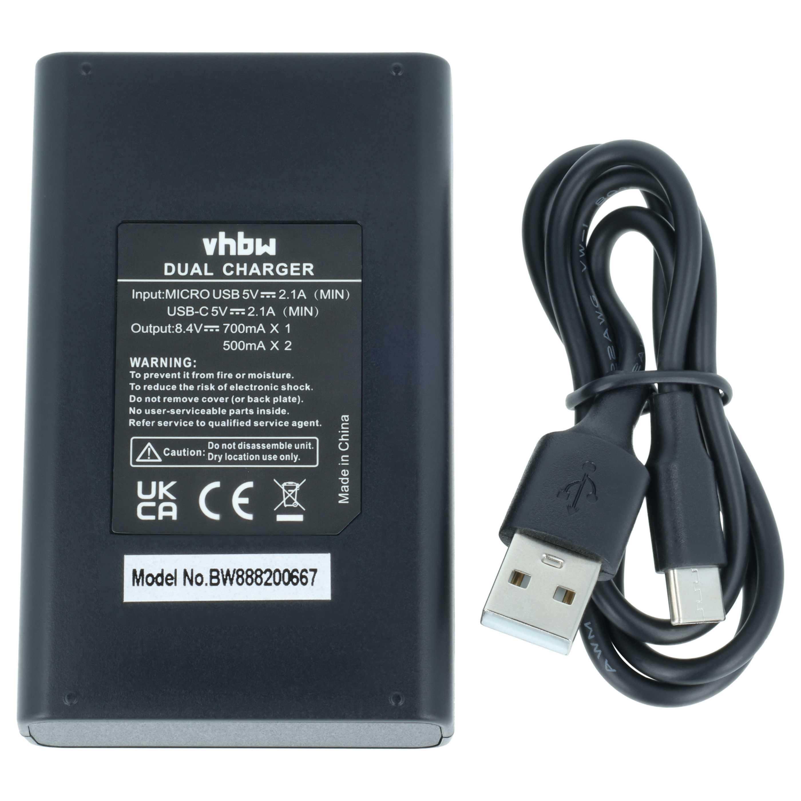 Ein schwarzes Ladegerät mit USB-C und Micro-USB-Anschlüssen und einem schwarzen Kabel.