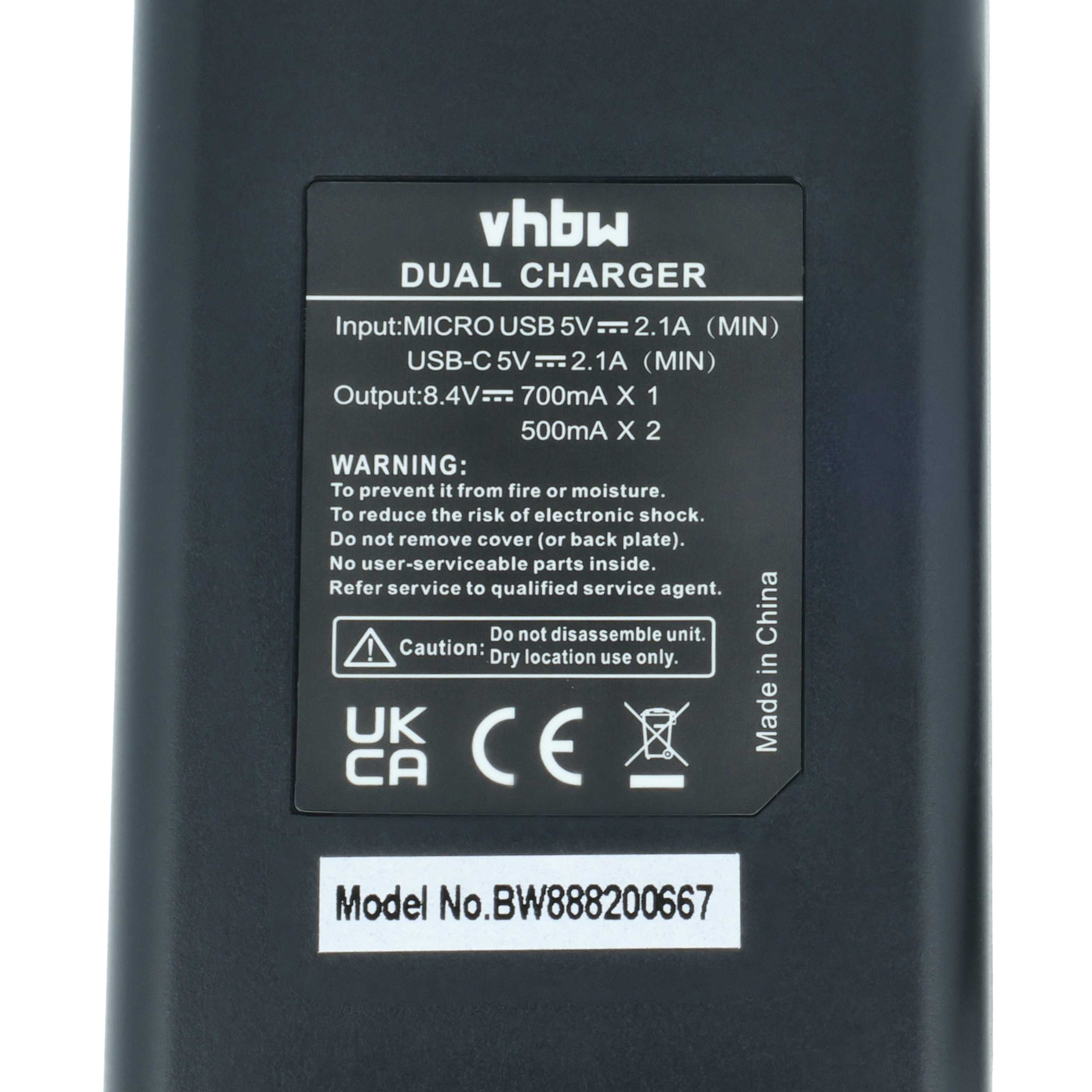Schwarzes Ladegerät mit Beschriftung: VHBW Dual Charger, Model No. BW888200667.