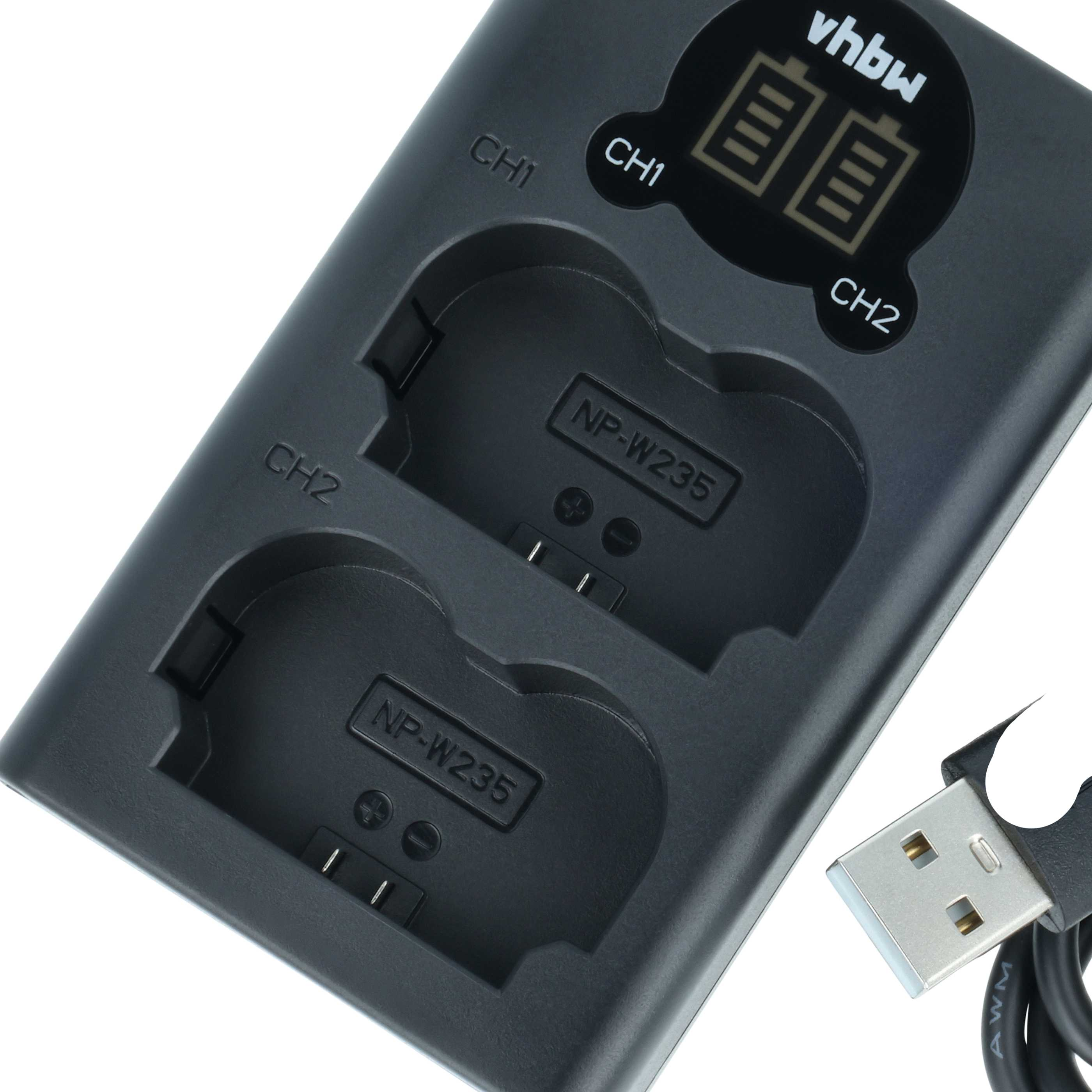 Schwarzes Dual-Akkuladegerät mit USB-Kabel und Ladeanzeigen.