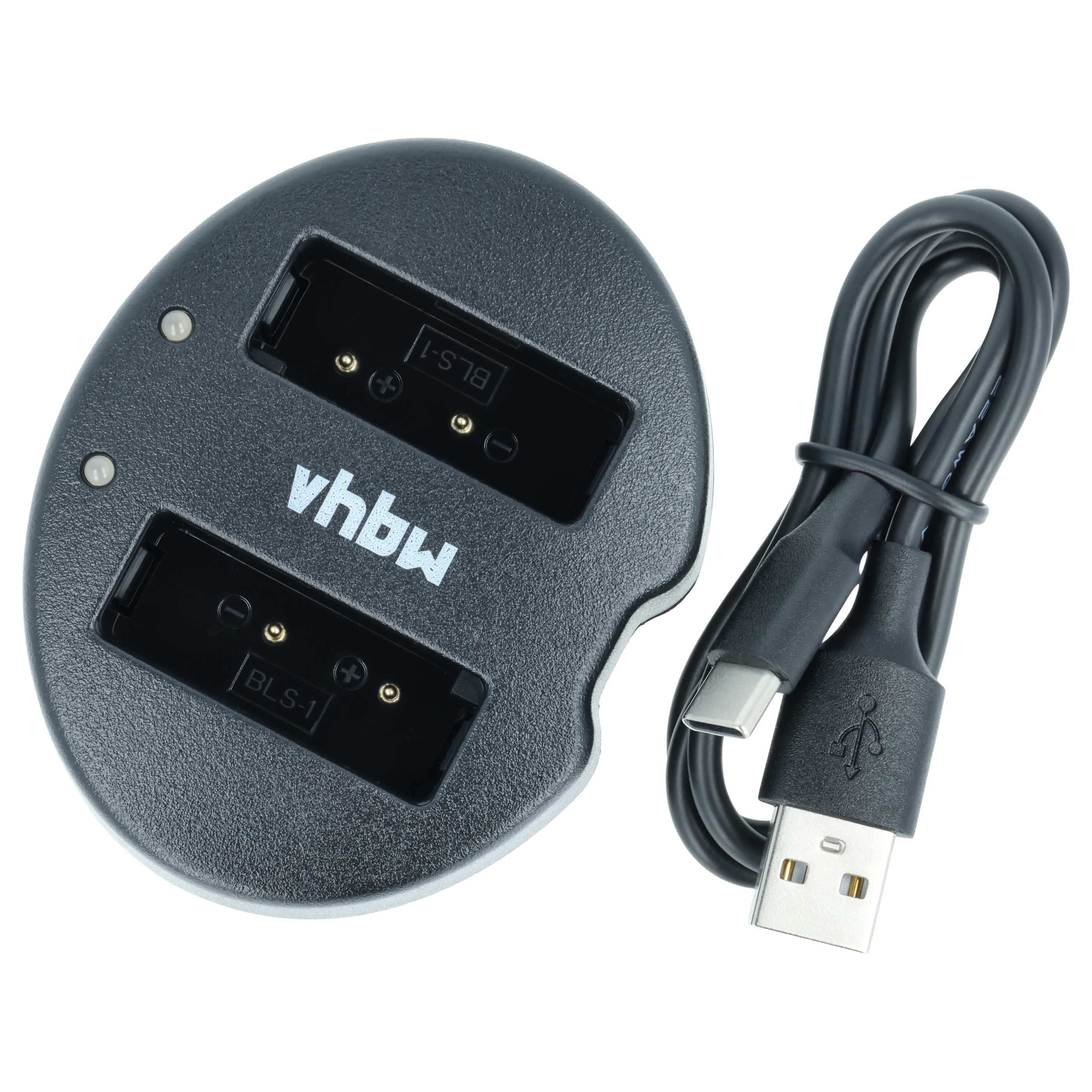 Schwarzes Ladegerät mit zwei Fächern und USB-C-Kabel.