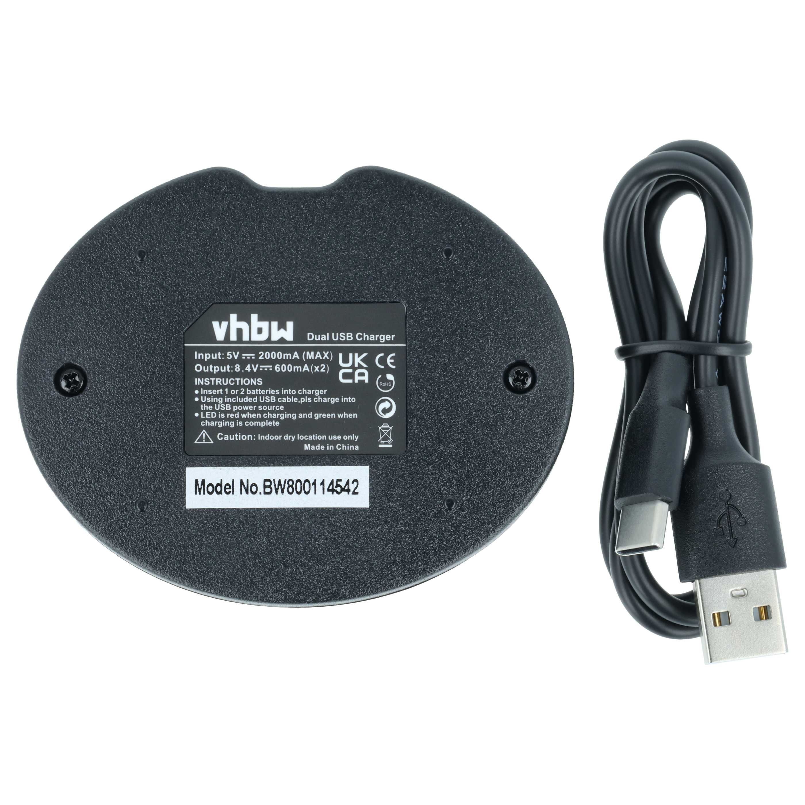 Ein schwarzes Dual-USB-Ladegerät mit USB-C-Kabel auf weißem Hintergrund.