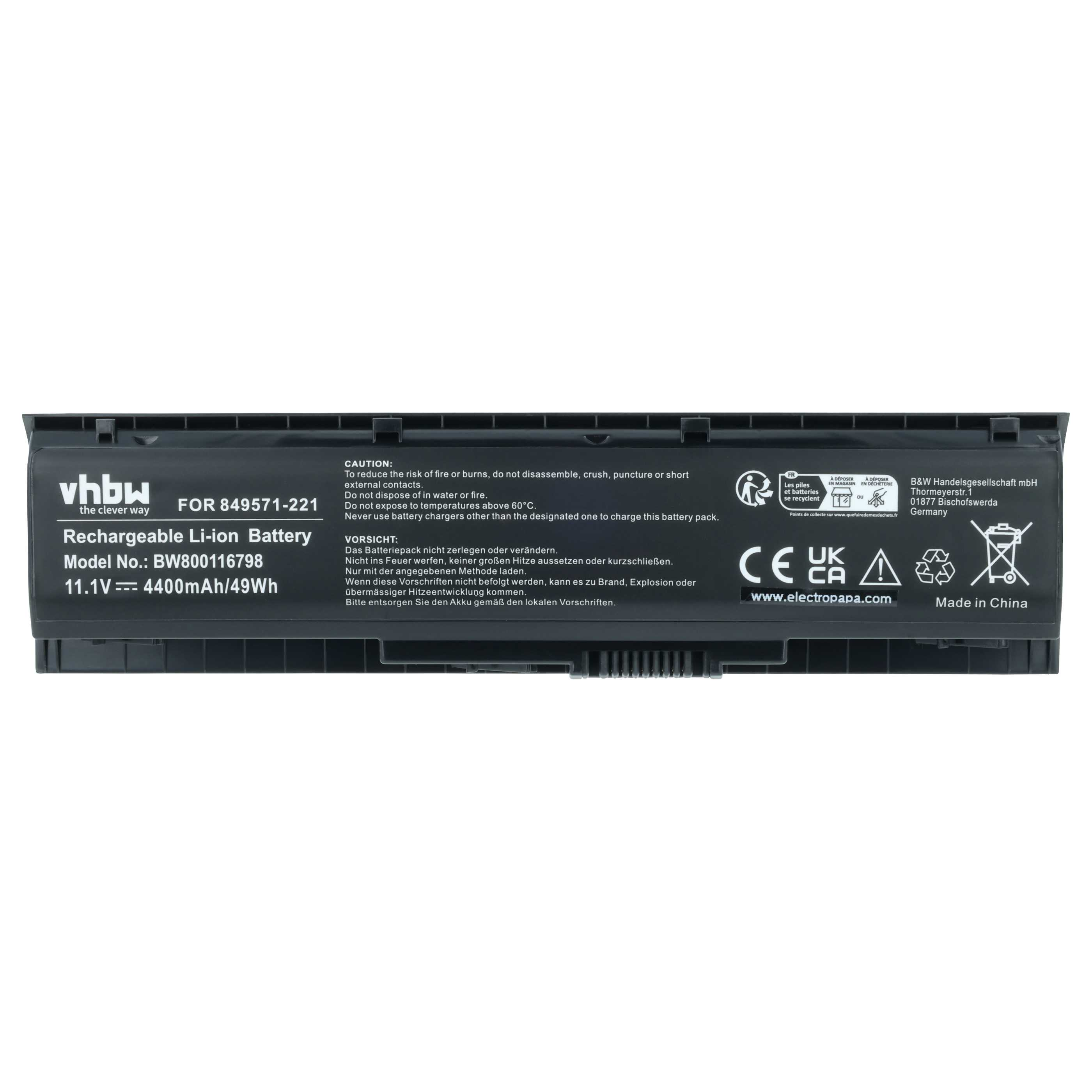 Schwarzer Li-Ion Akku mit Modellnummer BW800116798 und 11.1V, 4400mAh.