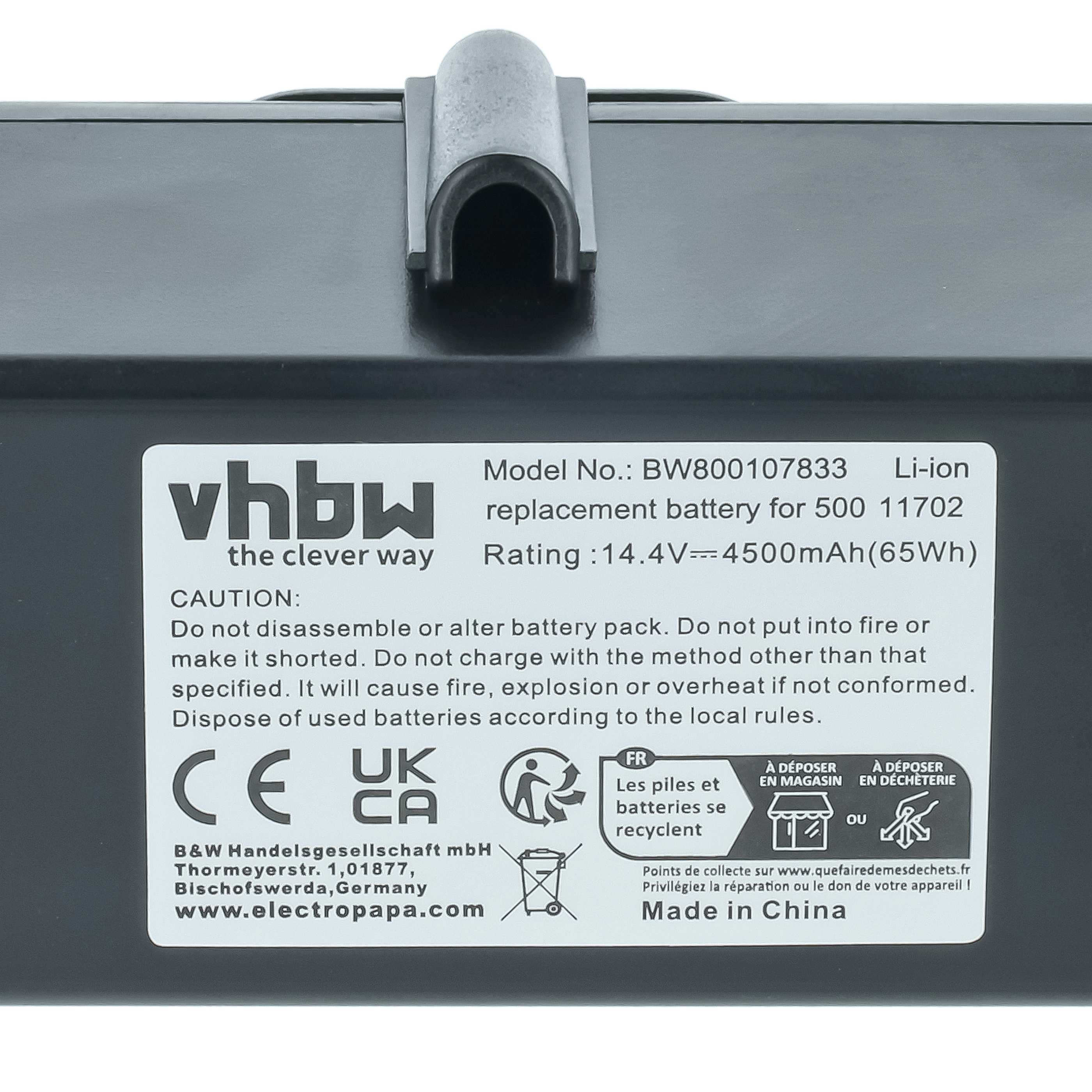 Schwarzer Akku mit weißem Etikett, Modell BW800107833, 14,4V, 4500mAh.