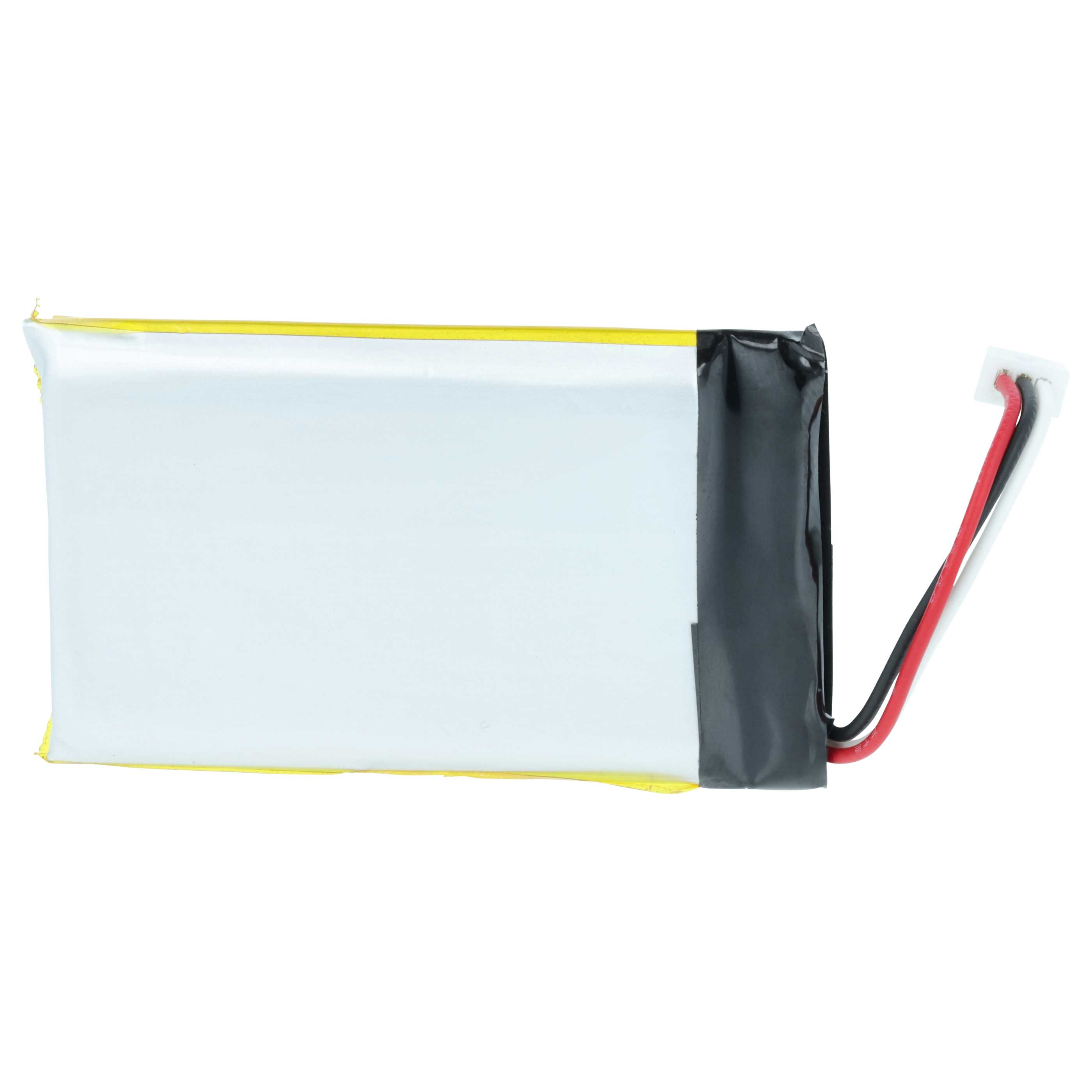 Eine flache, rechteckige weiße Batterie mit gelbem Rand und schwarzen Anschlusskabeln.