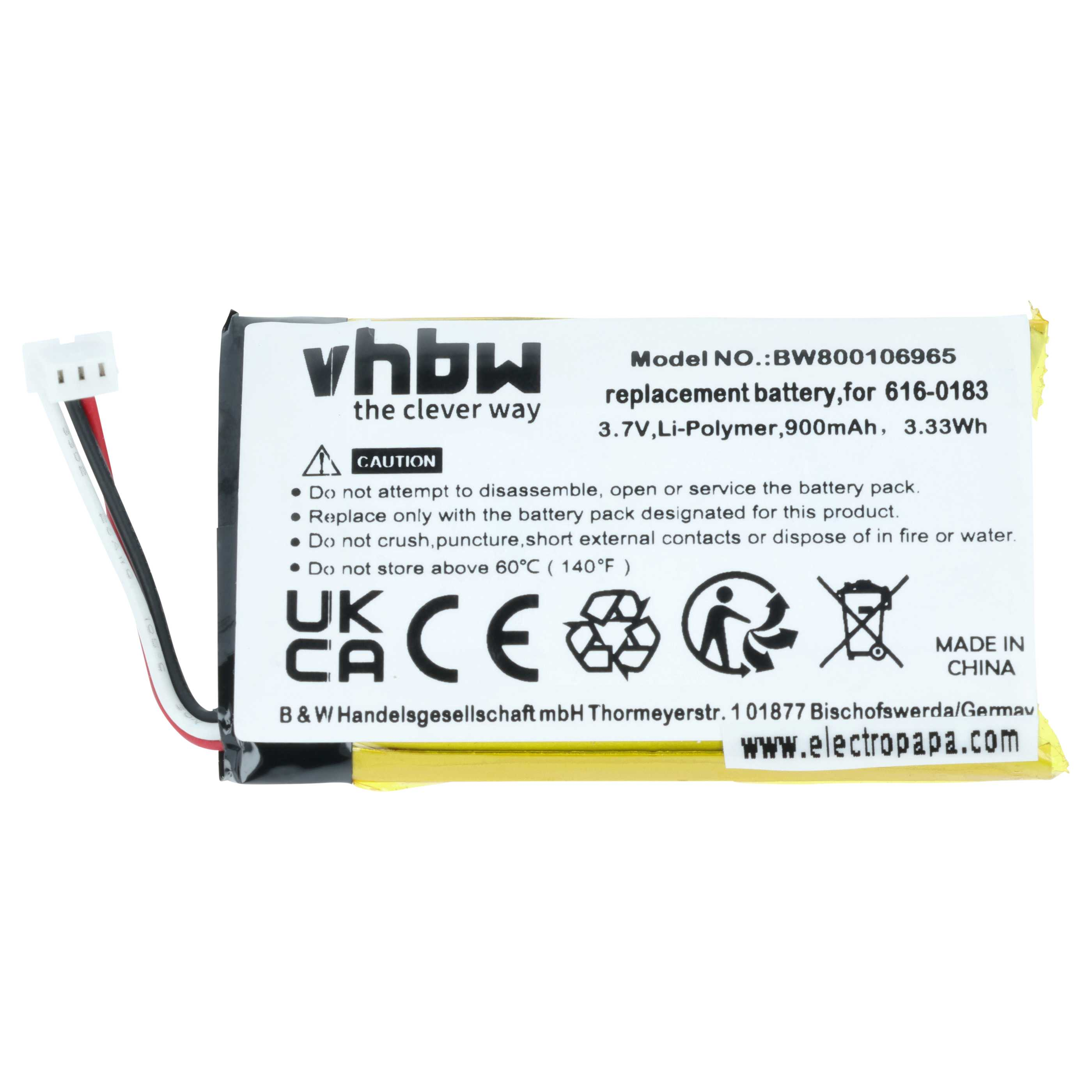 Schwarz-weißer Akku mit Kabeln, Modell BW800106965, 3,7V, 900mAh.