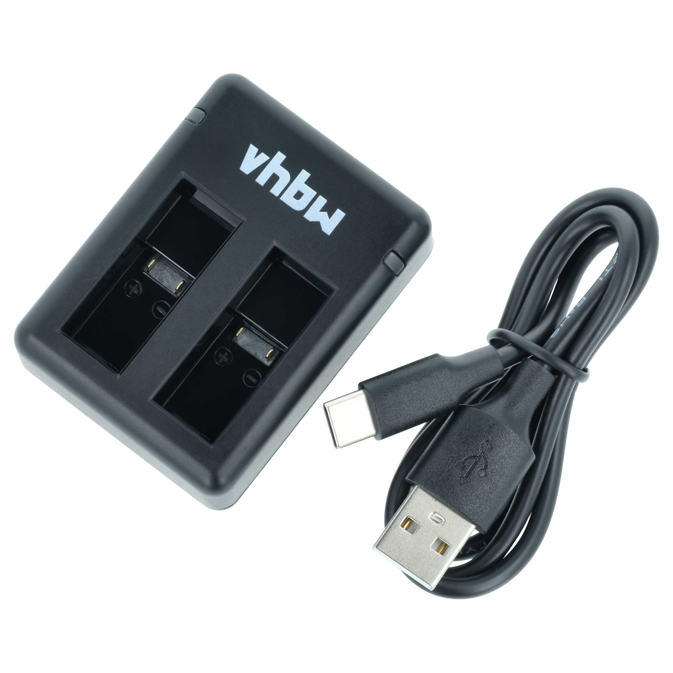 Schwarzes Ladegerät mit zwei Steckplätzen und USB-C-Kabel.