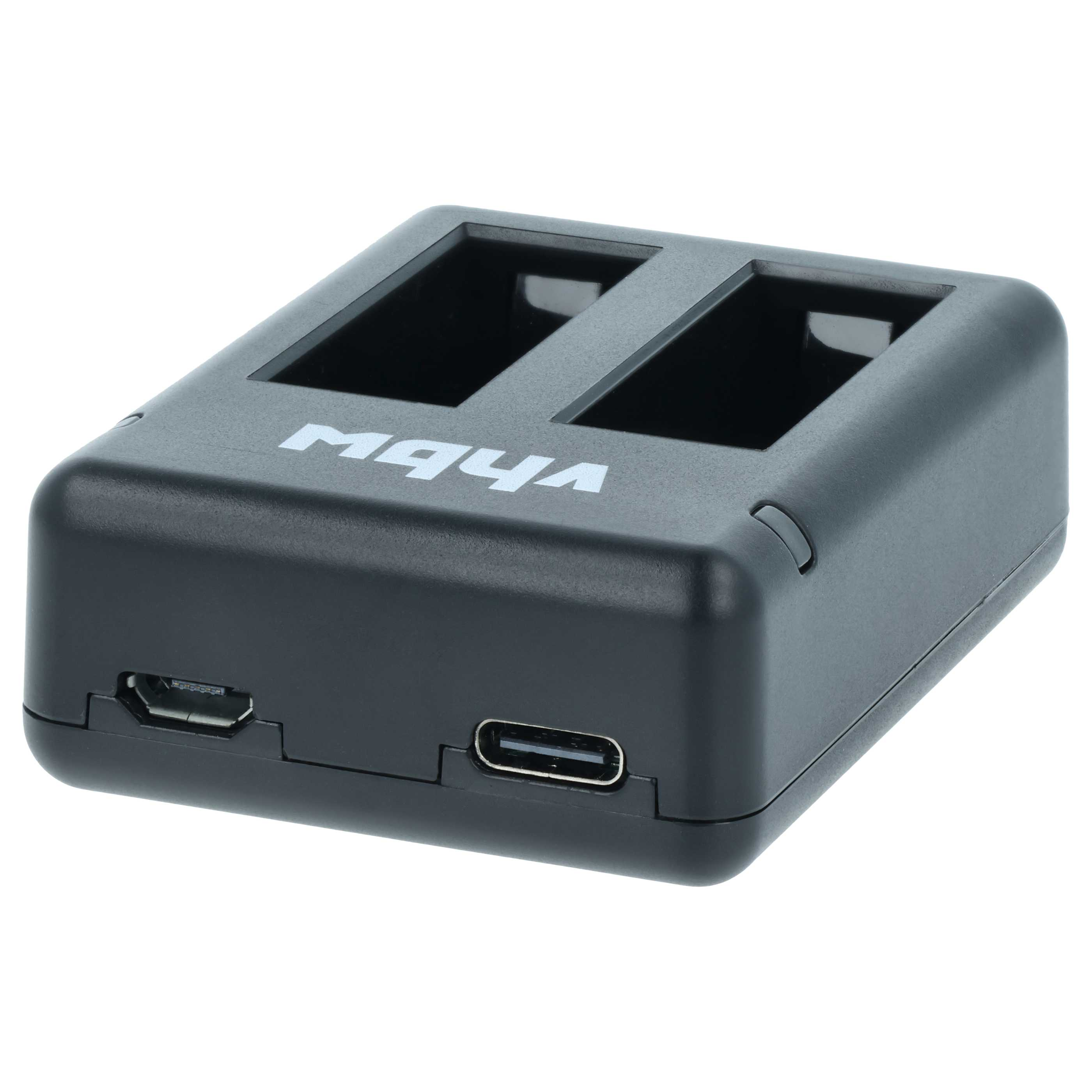 Ein schwarzes Dual-Akkuladegerät mit zwei Steckplätzen und USB-C/Micro-USB-Anschlüssen.