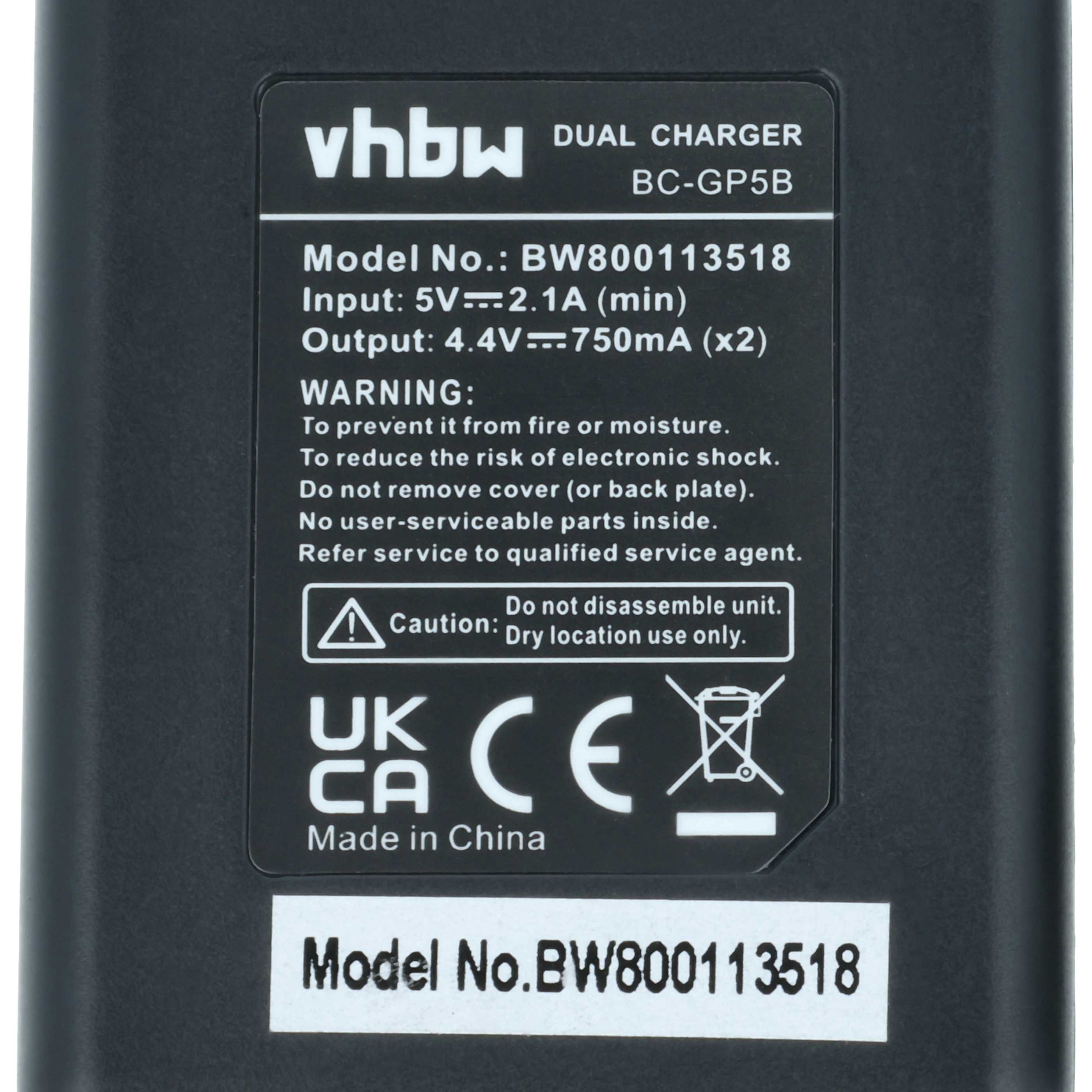 Schwarzes Ladegerät mit Aufkleber: VHBW Dual Charger BC-GP5B, Modell BW800113518.