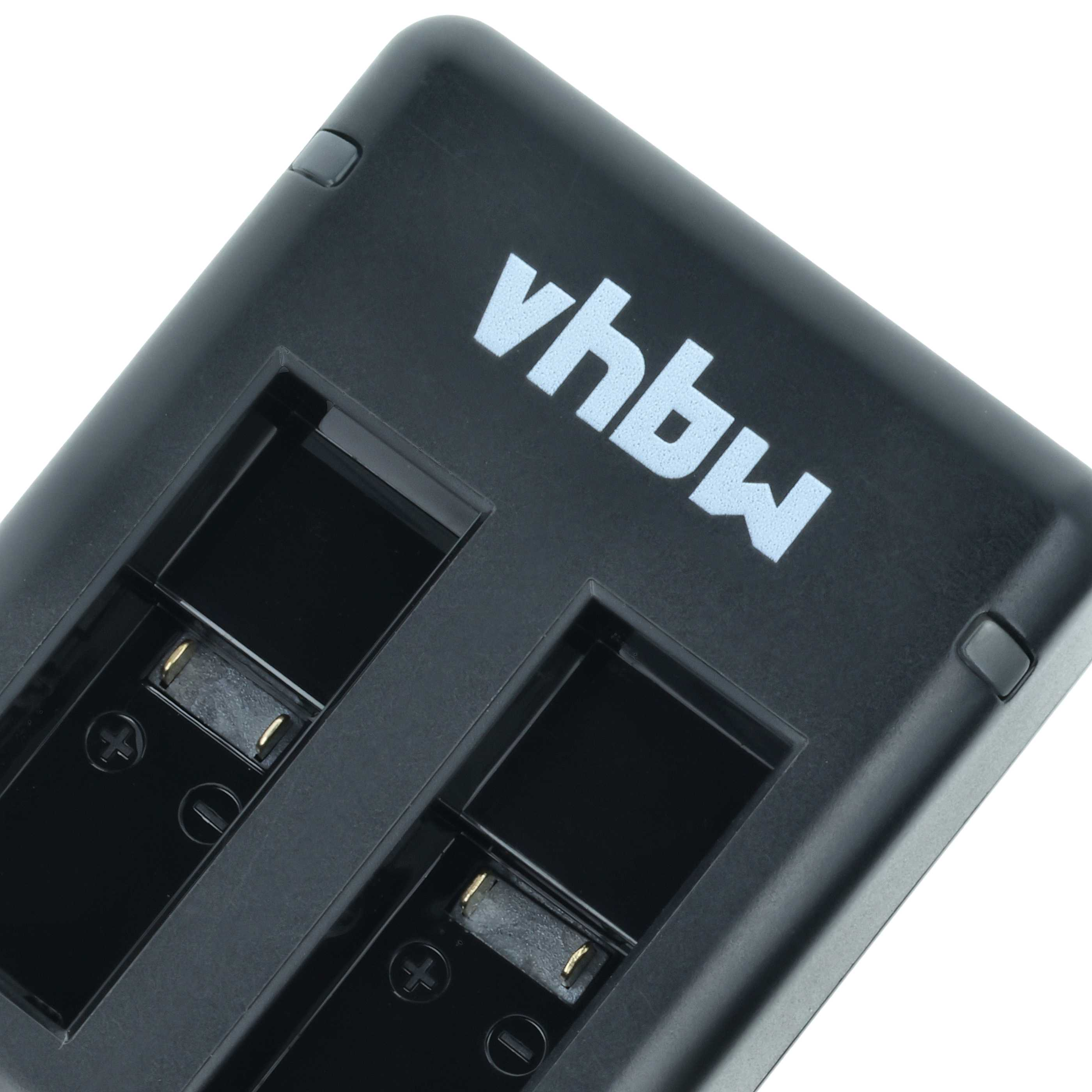 Schwarzes Ladegerät mit zwei Steckplätzen und dem Logo "vhbw".