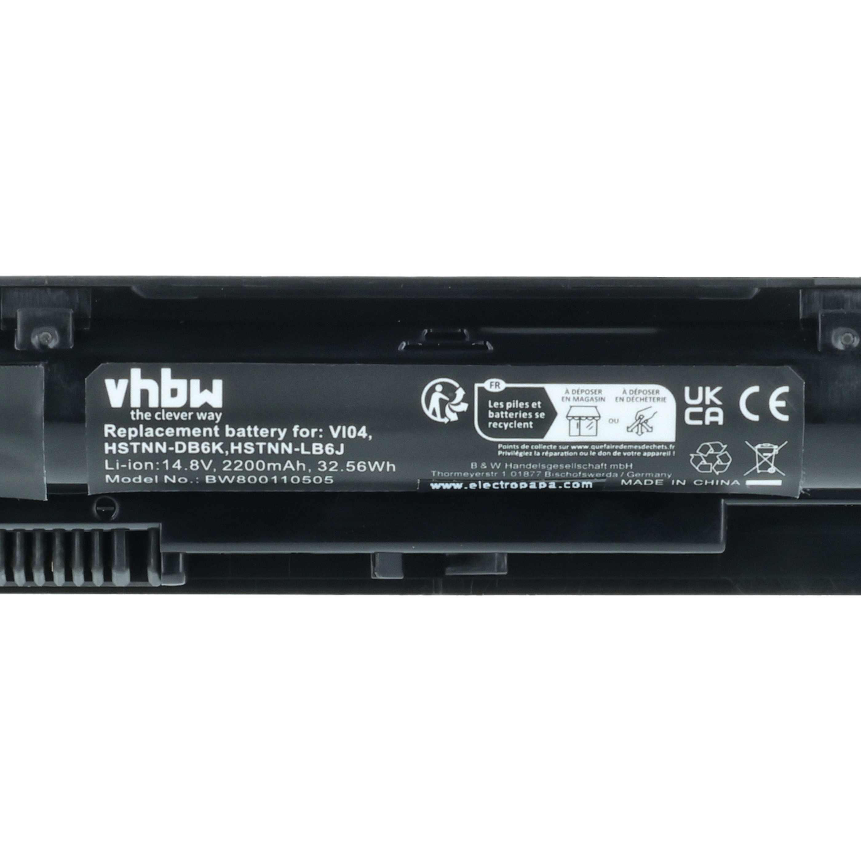 Schwarzer Akku mit Aufkleber: vhbw, Ersatzakku für V104, Li-ion 14.8V, Made in China.