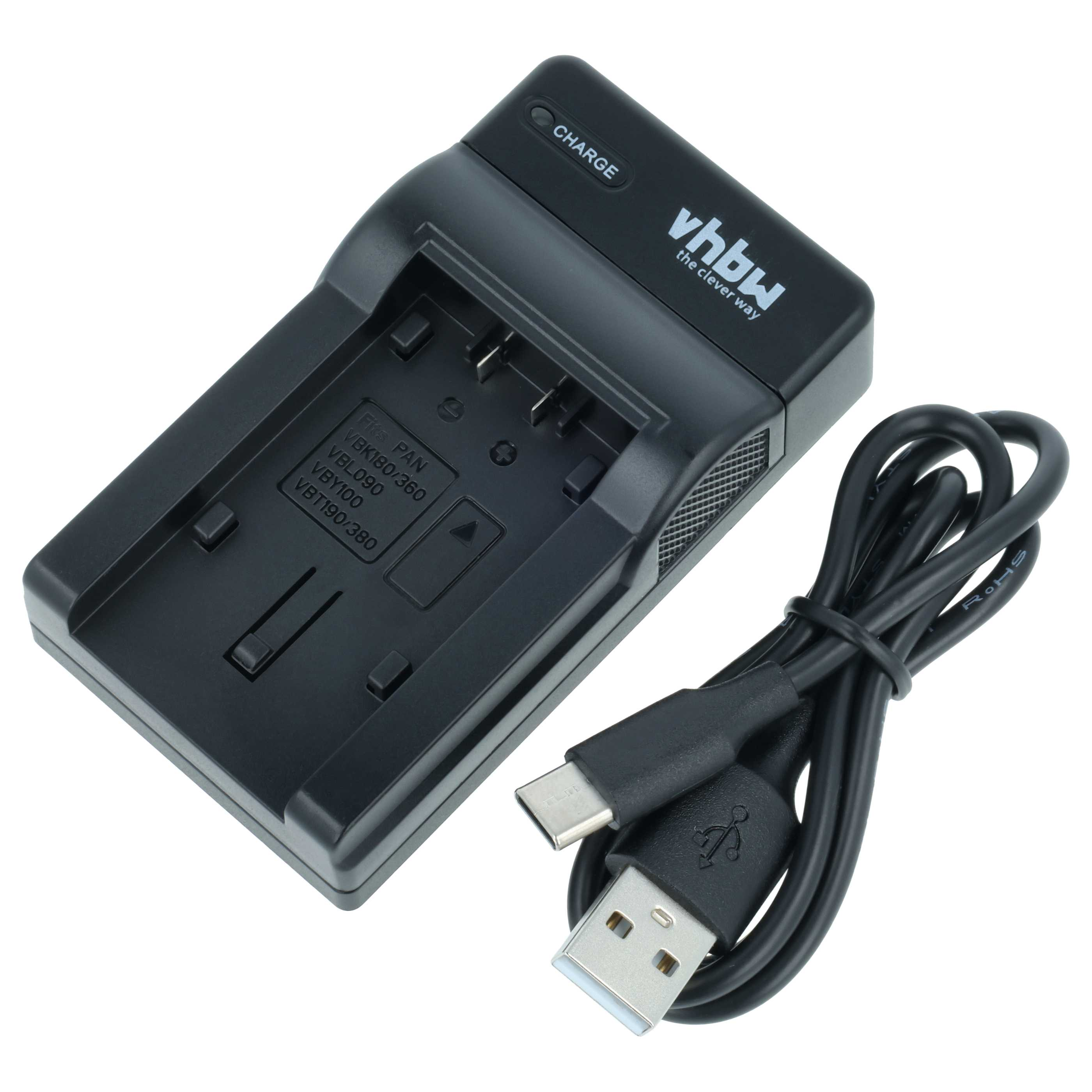 Schwarzes Ladegerät mit USB-Kabel, beschriftet mit vhbw
