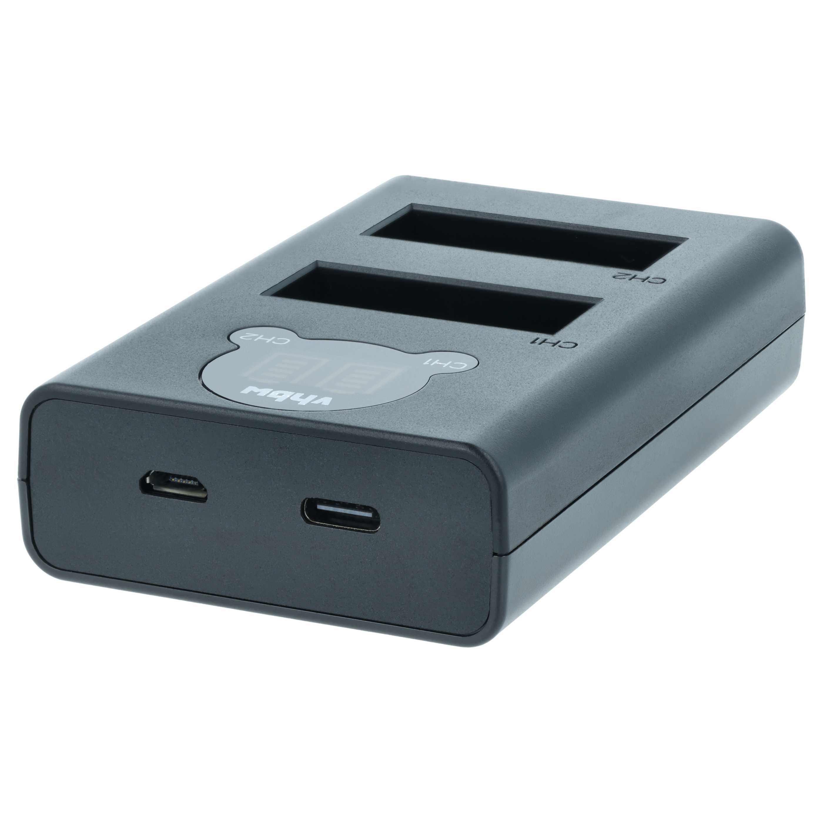 Ein schwarzer Dual-Akkuladeadapter mit zwei Steckplätzen und USB-C-Anschlüssen.
