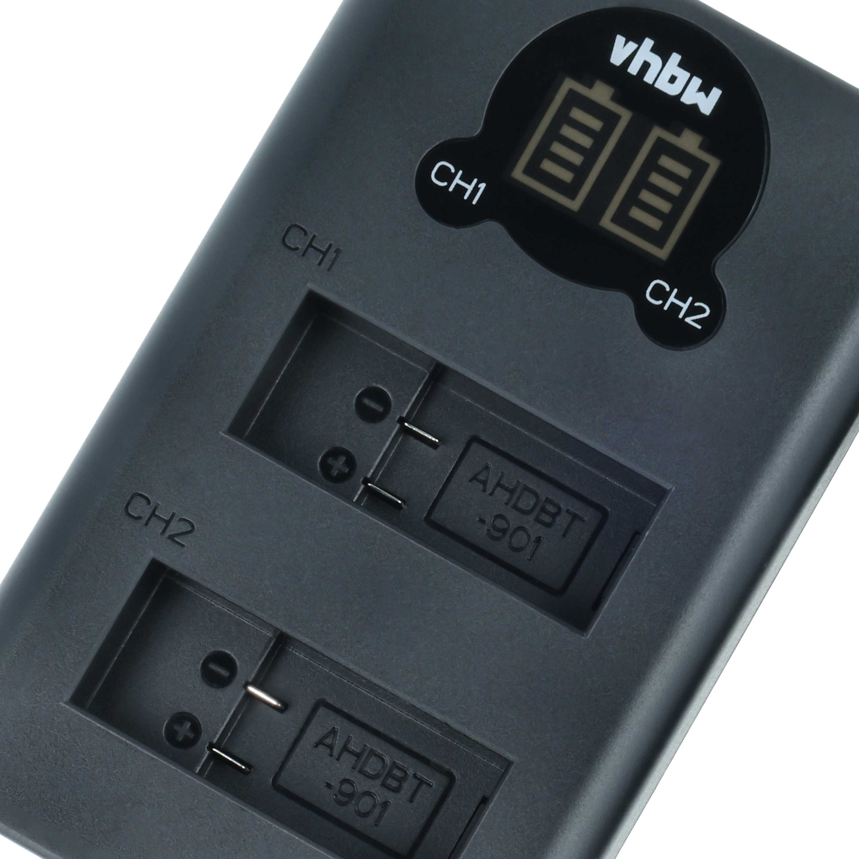 Ein graues Ladegerät für zwei Akkus mit "vhbw" Logo und Ladeanzeigen.