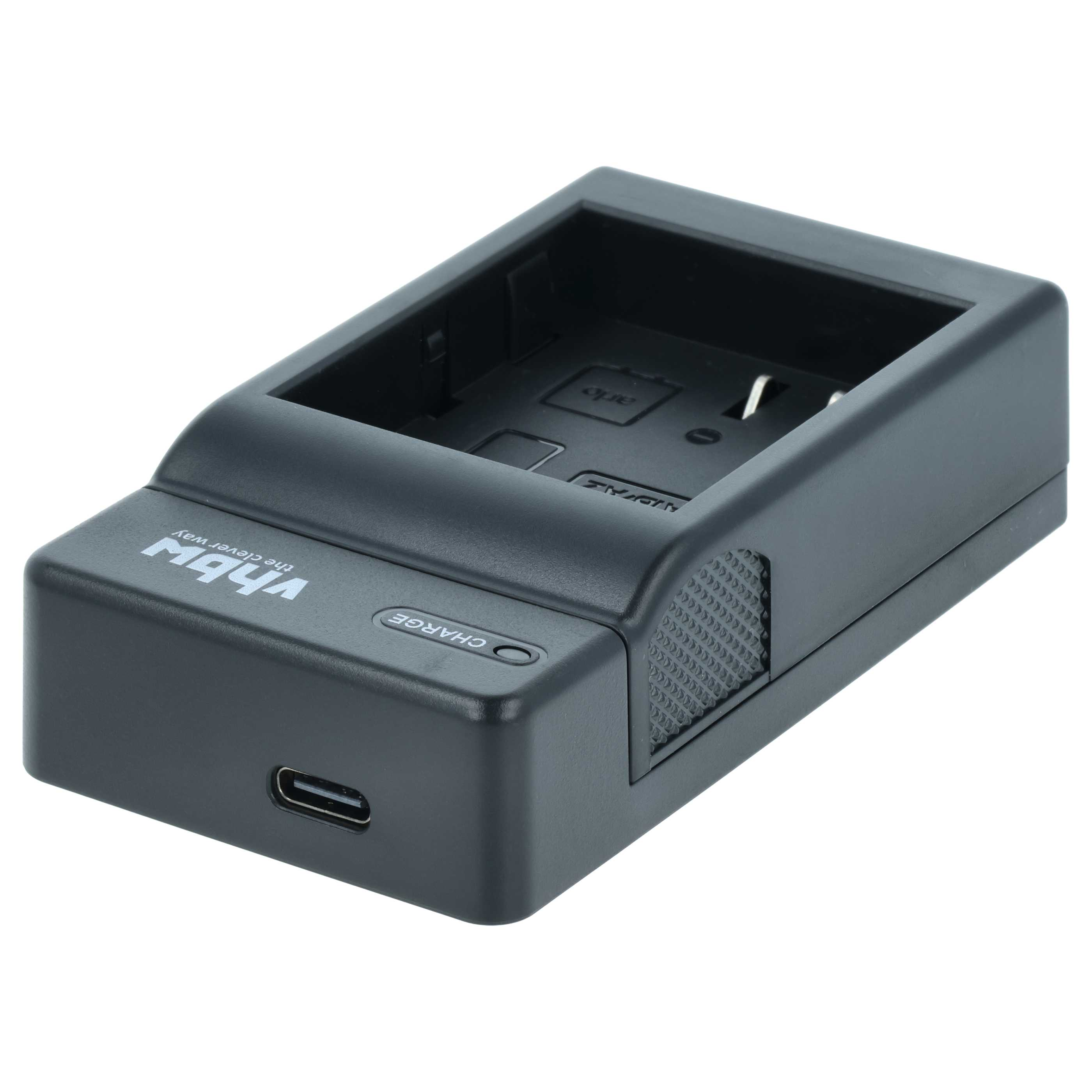 Schwarzes Ladegerät mit USB-C-Anschluss und Ladeanzeige.