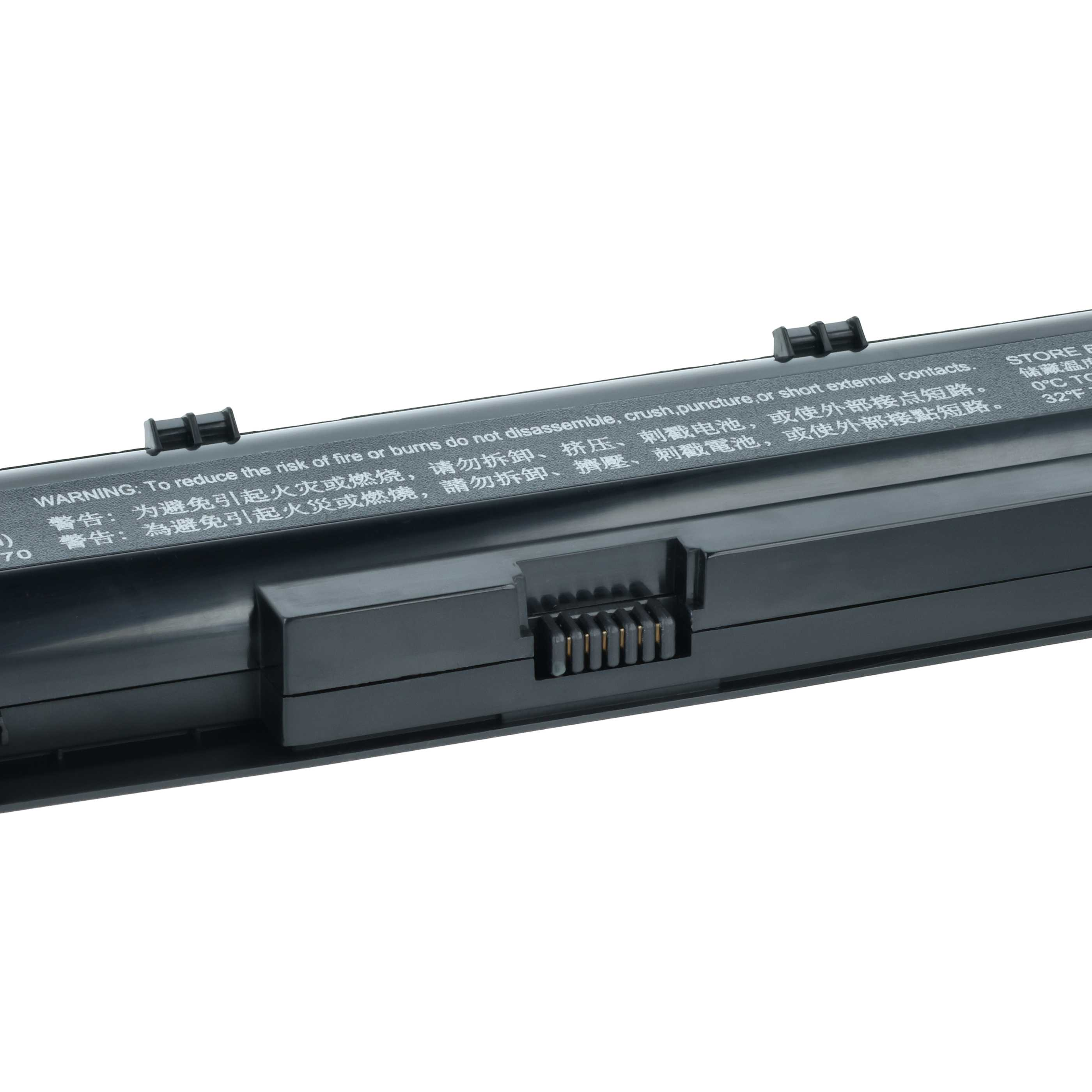 Schwarzer Laptop-Akku mit Warnhinweisen und Anschlüssen.