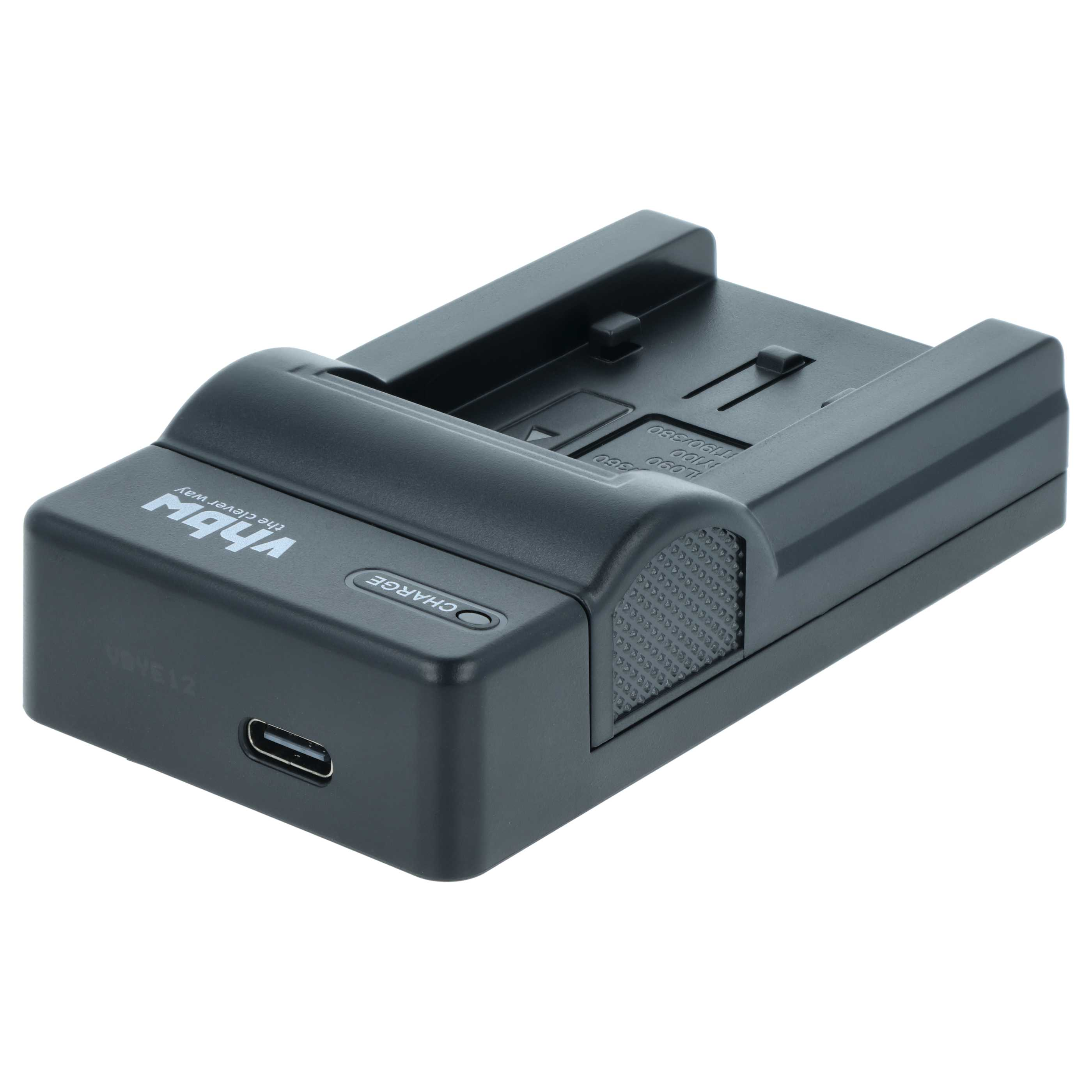 Ein schwarzes Ladegerät mit USB-C-Anschluss und einem "Charge"-Symbol.