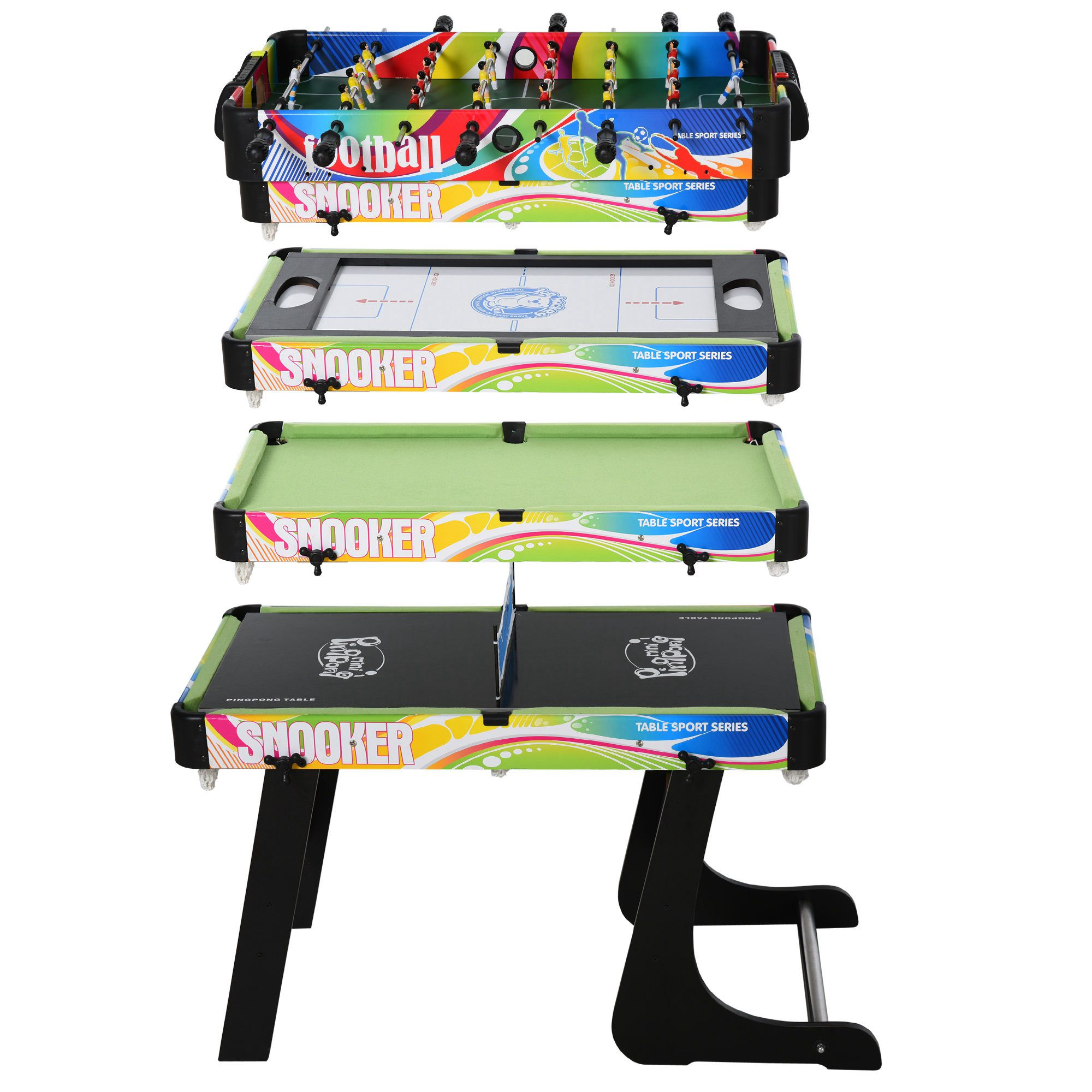 Quattro tavoli da gioco: calcio, air hockey, snooker e ping pong, uno accanto all'altro.